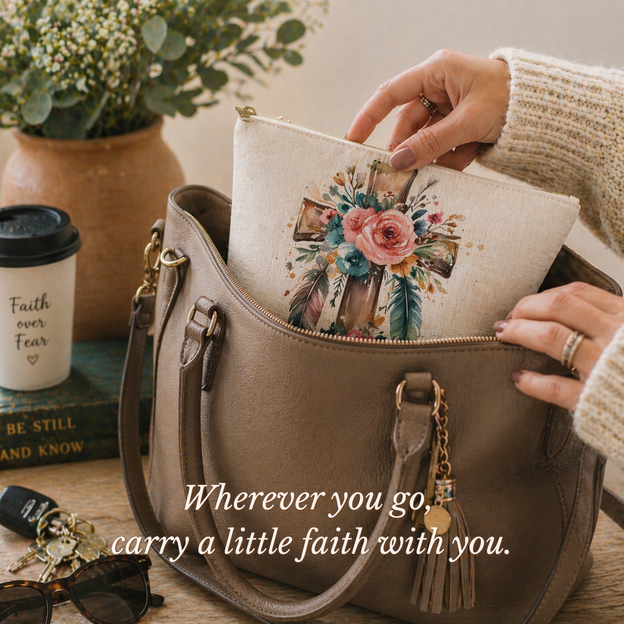 Boho Christian Cross Makeup Bag | Floral Faith Cosmetic Pouch product thumbnail image