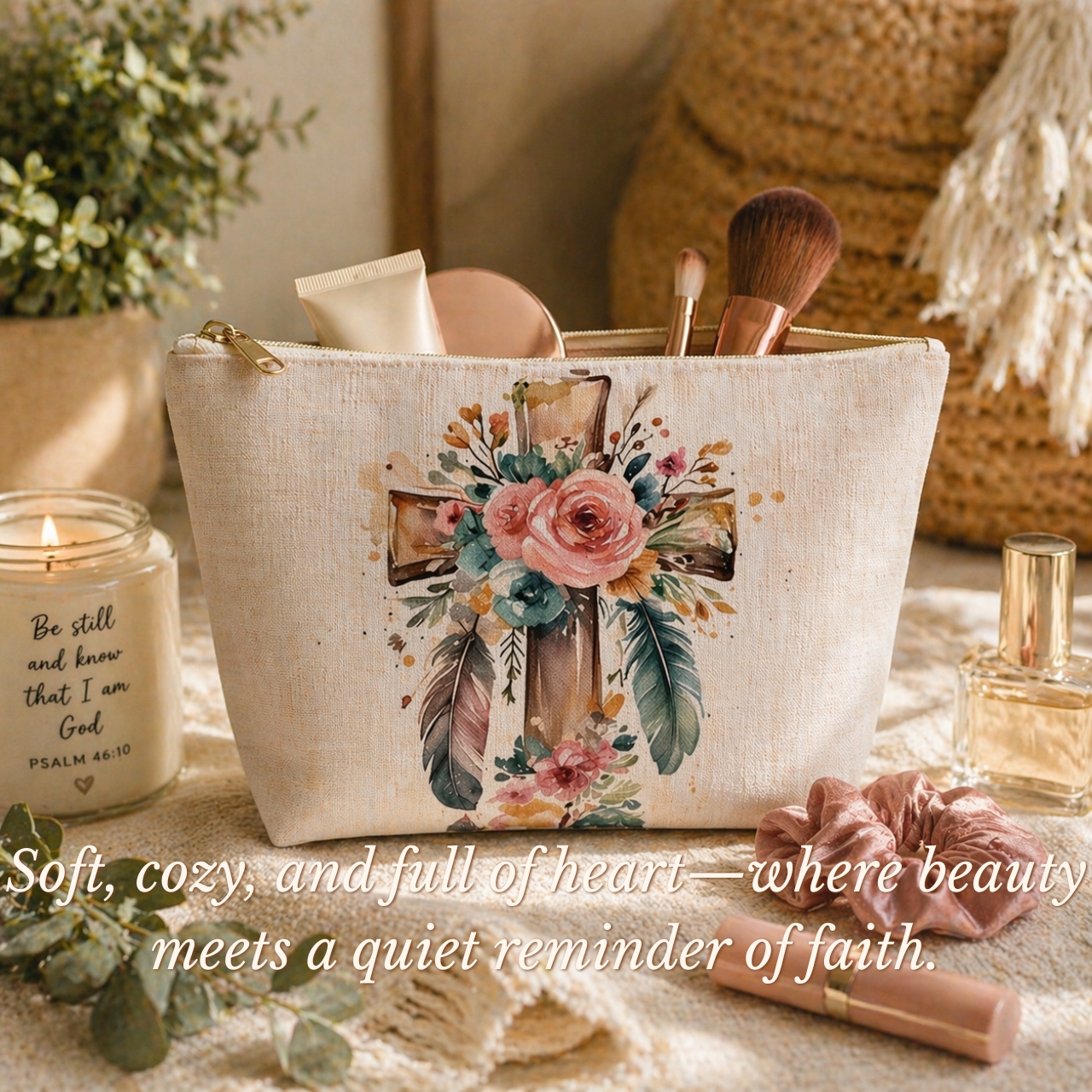 Boho Christian Cross Makeup Bag | Floral Faith Cosmetic Pouch product thumbnail image