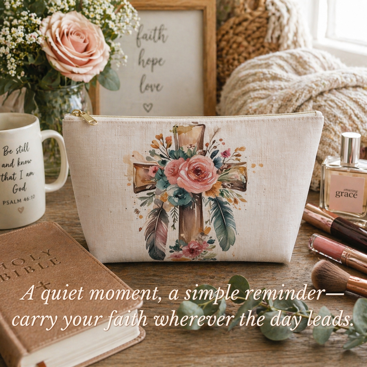 Boho Christian Cross Makeup Bag | Floral Faith Cosmetic Pouch product thumbnail image Boho Christian Cross Makeup Bag | Floral Faith Cosmetic Pouch product thumbnail image
