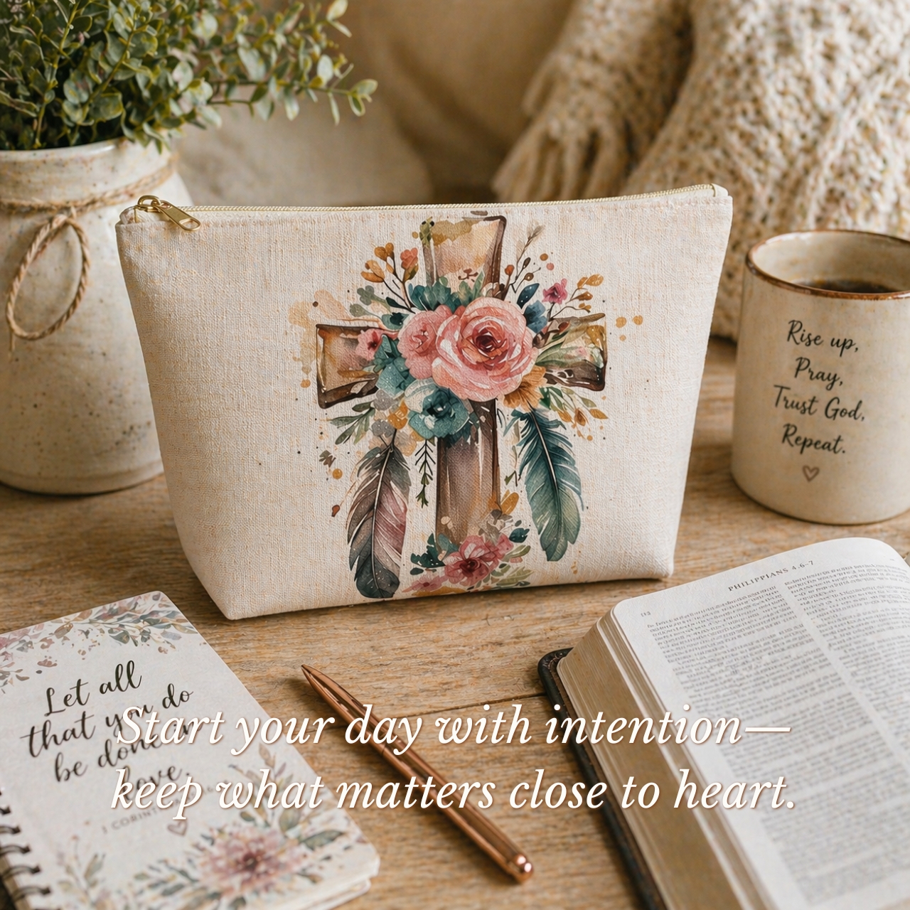 Boho Christian Cross Makeup Bag | Floral Faith Cosmetic Pouch product thumbnail image Boho Christian Cross Makeup Bag | Floral Faith Cosmetic Pouch product thumbnail image