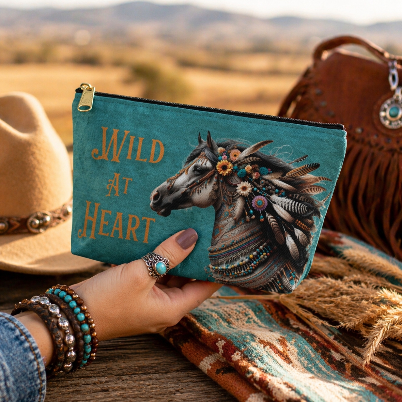 Wild at Heart Horse Makeup Bag | Boho Western Cosmetic Pouch | Rustic Cowgirl Gift for Her
