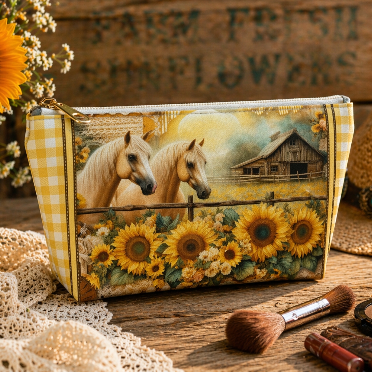 Sunflower Horse Makeup Bag | Farmhouse Cosmetic Pouch