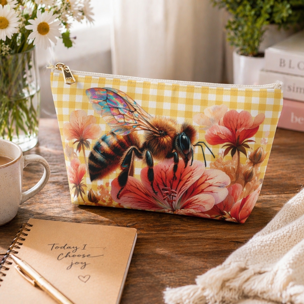 Bee Floral Makeup Bag | Gingham Cosmetic Pouch | Cottagecore Bee Gift for Her