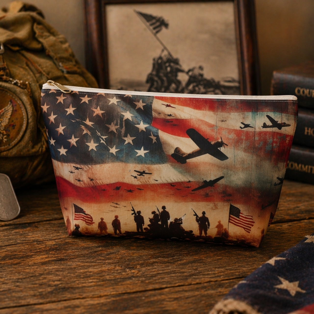 Memorial Day Makeup Bag | Patriotic American Flag Pouch | Military Tribute Gift