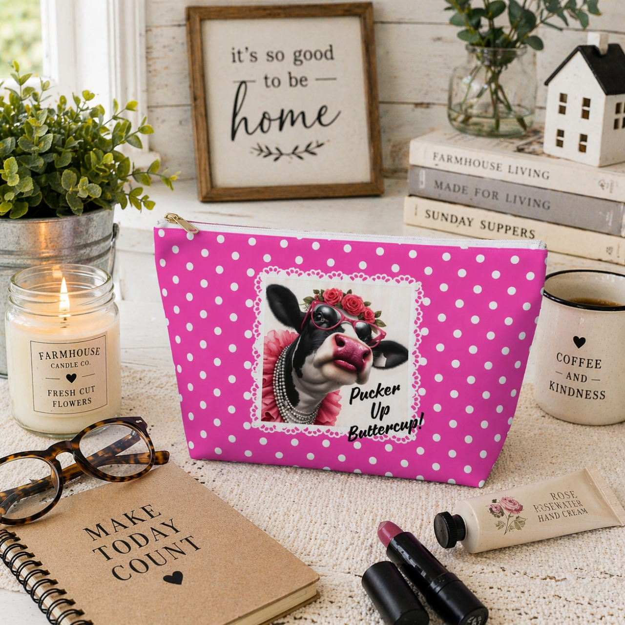 Funny Cow Makeup Bag | Pink Polka Dot Farmhouse Makeup Pouch