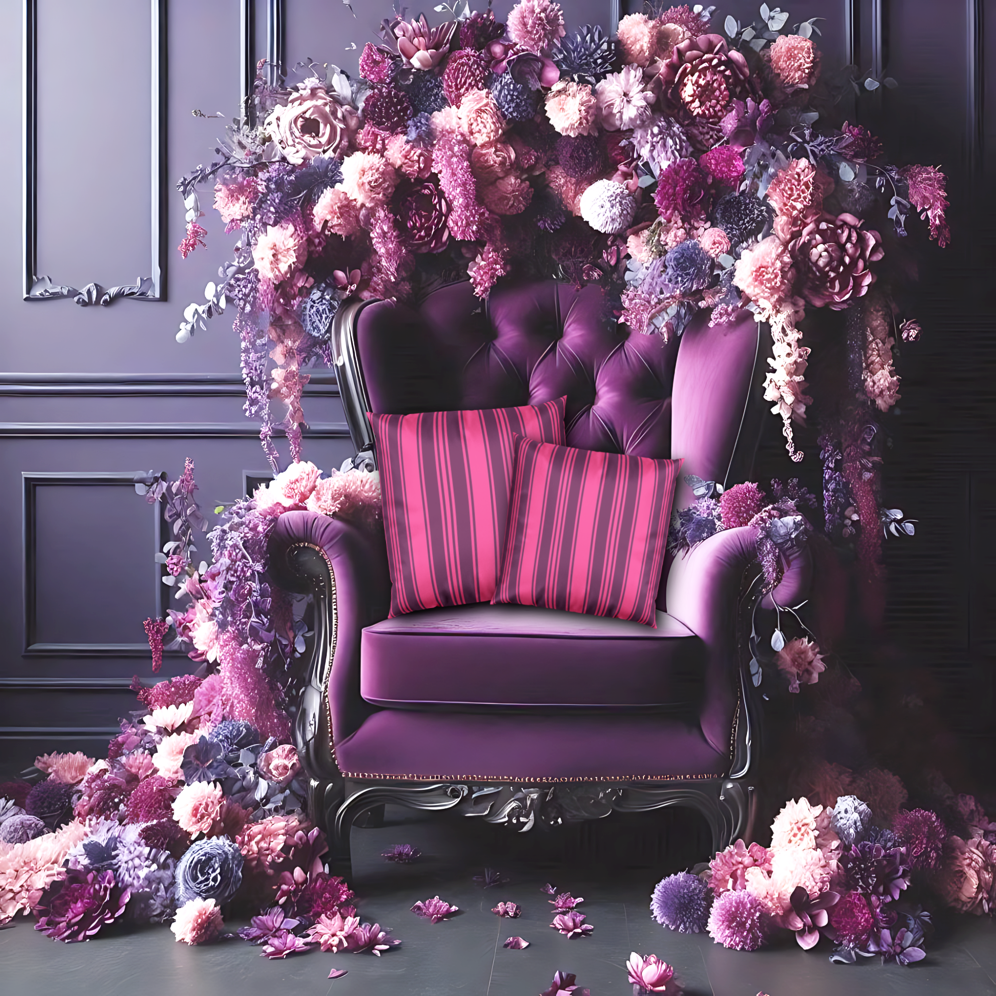 Decorative Velvet Pillow - Magenta and Violet Ticking Stripe Throw Pillow