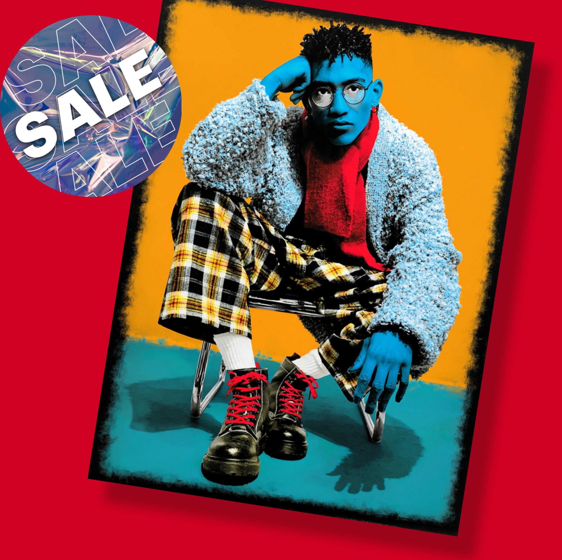 Retro Pop Portrait Poster — Bold Blue Silhouette Rolled Art Print product thumbnail image