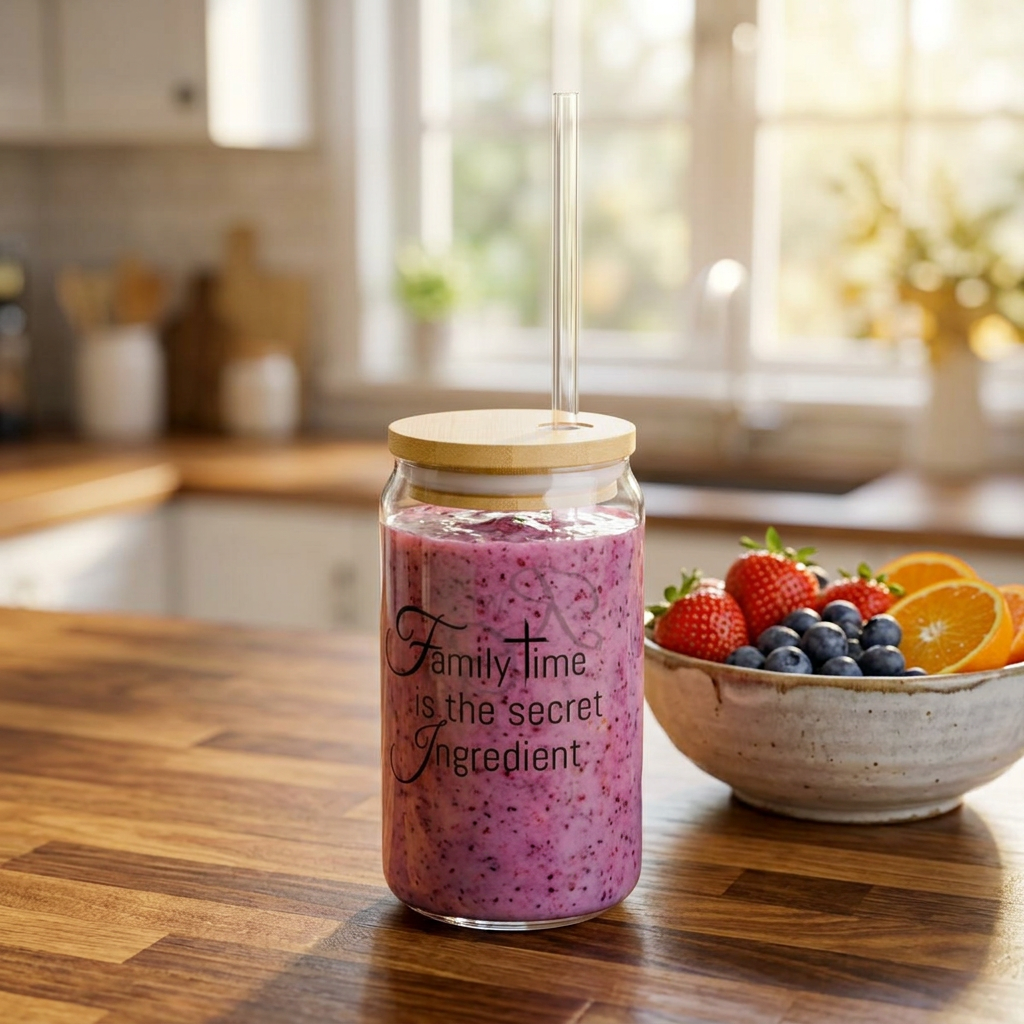 "Family Time is the Secret Ingredient" Glass Tumbler w/ Bamboo Lid product thumbnail image "Family Time is the Secret Ingredient" Glass Tumbler w/ Bamboo Lid product thumbnail image