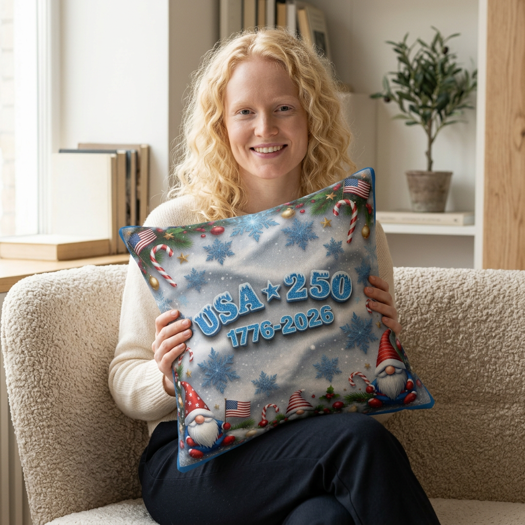 Patriotic Christmas Gnome Throw Pillow - USA 250, 1776-2026 (icy blue) product thumbnail image