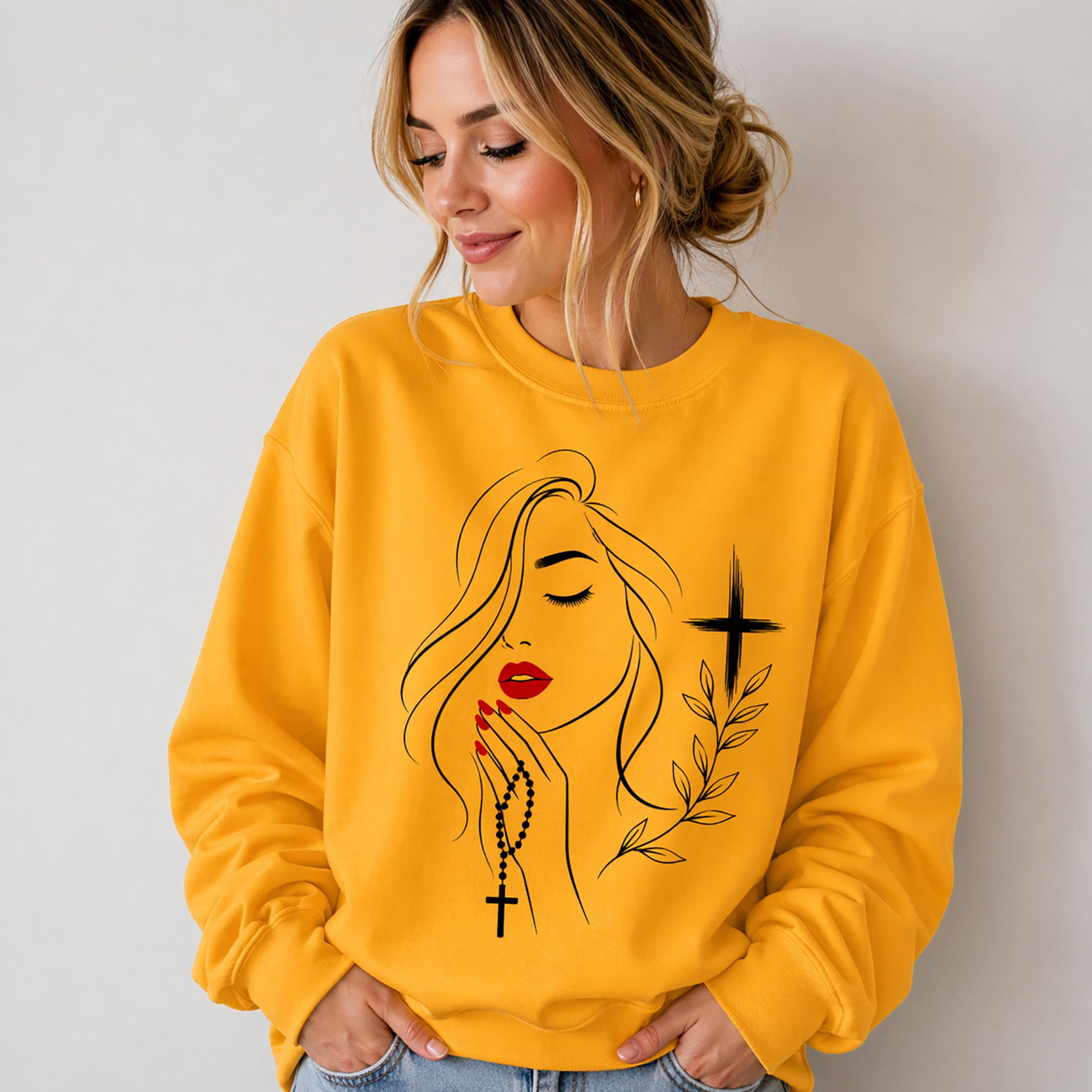 Sacred Stillness Crewneck — Rosary Portrait with Cross Accent product thumbnail image