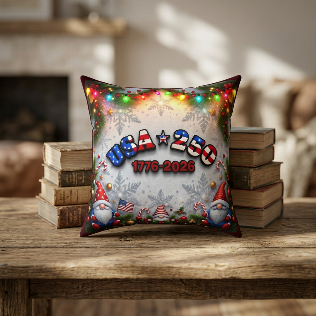 Wee Patriotic Christmas Gnome Throw Pillow - USA 250, 1776-2026 (red)