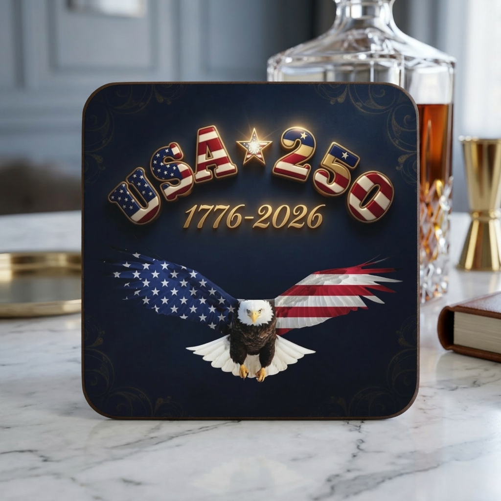 USA 250 Coaster – 1776–2026 Bald Eagle Flag Hardboard Coaster