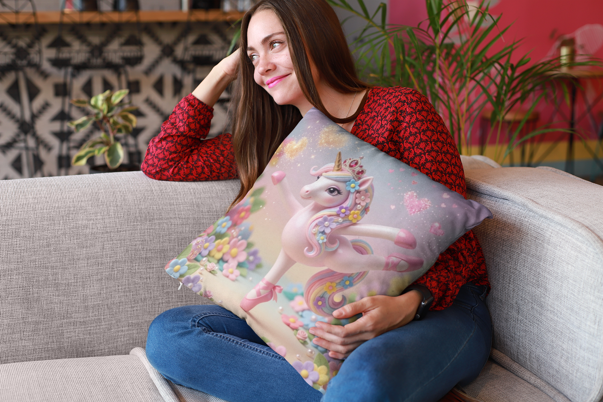 Pink Unicorn Ballet Faux Suede Pillow, Unicorn Ballerina Princess Decorative Throw Pillow (pink pointe shoes) product thumbnail image