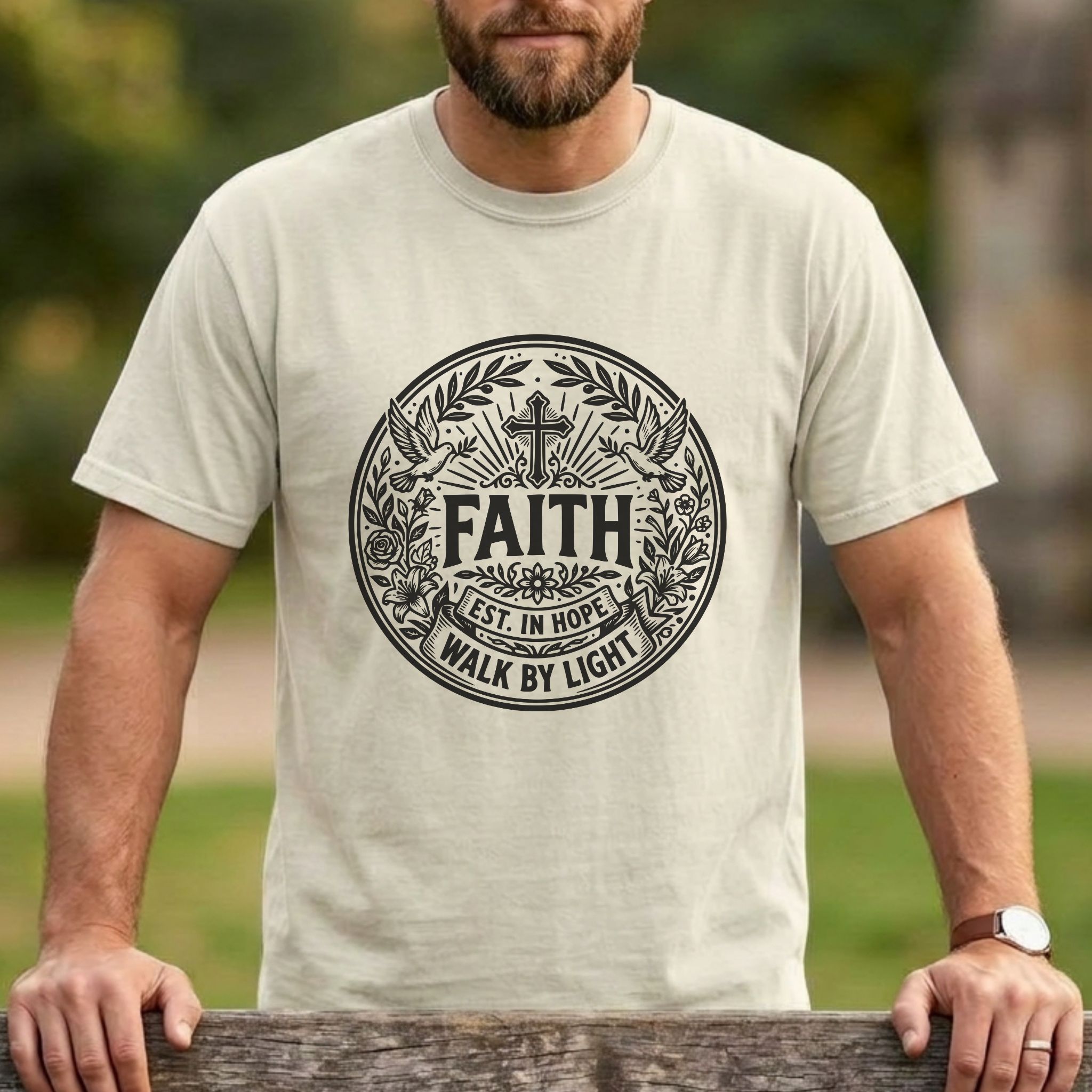 Faith Est. In Hope, Walk By Light | Cross Doves Shirt – Christian Graphic Tee (Comfort Colors 1717)