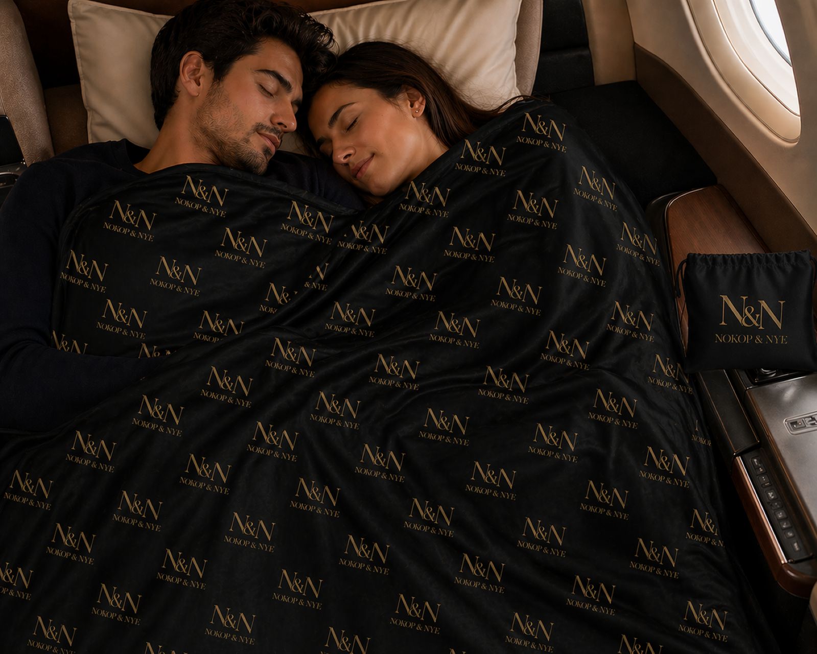 NYE Luxury Monogram Travel Blanket with Pouch – 'N&amp;N' Gold on Black product thumbnail image