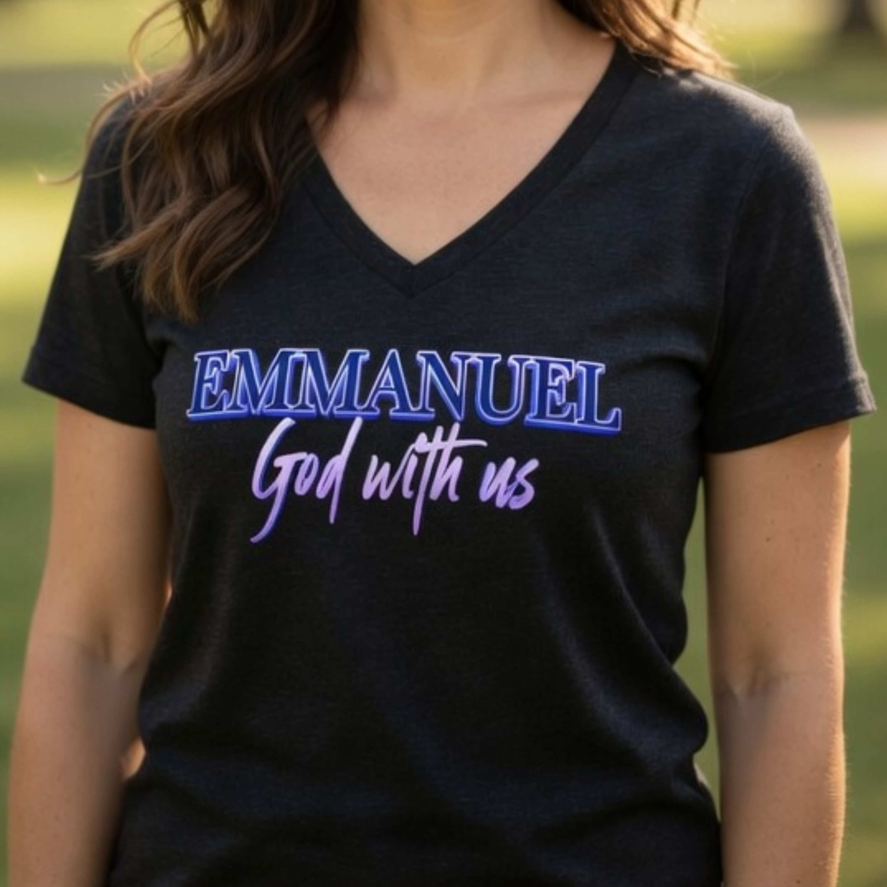 Emmanuel "God with us" Name of God Ladies' V-Neck Tee (purple design) product thumbnail image Emmanuel "God with us" Name of God Ladies' V-Neck Tee (purple design) product thumbnail image