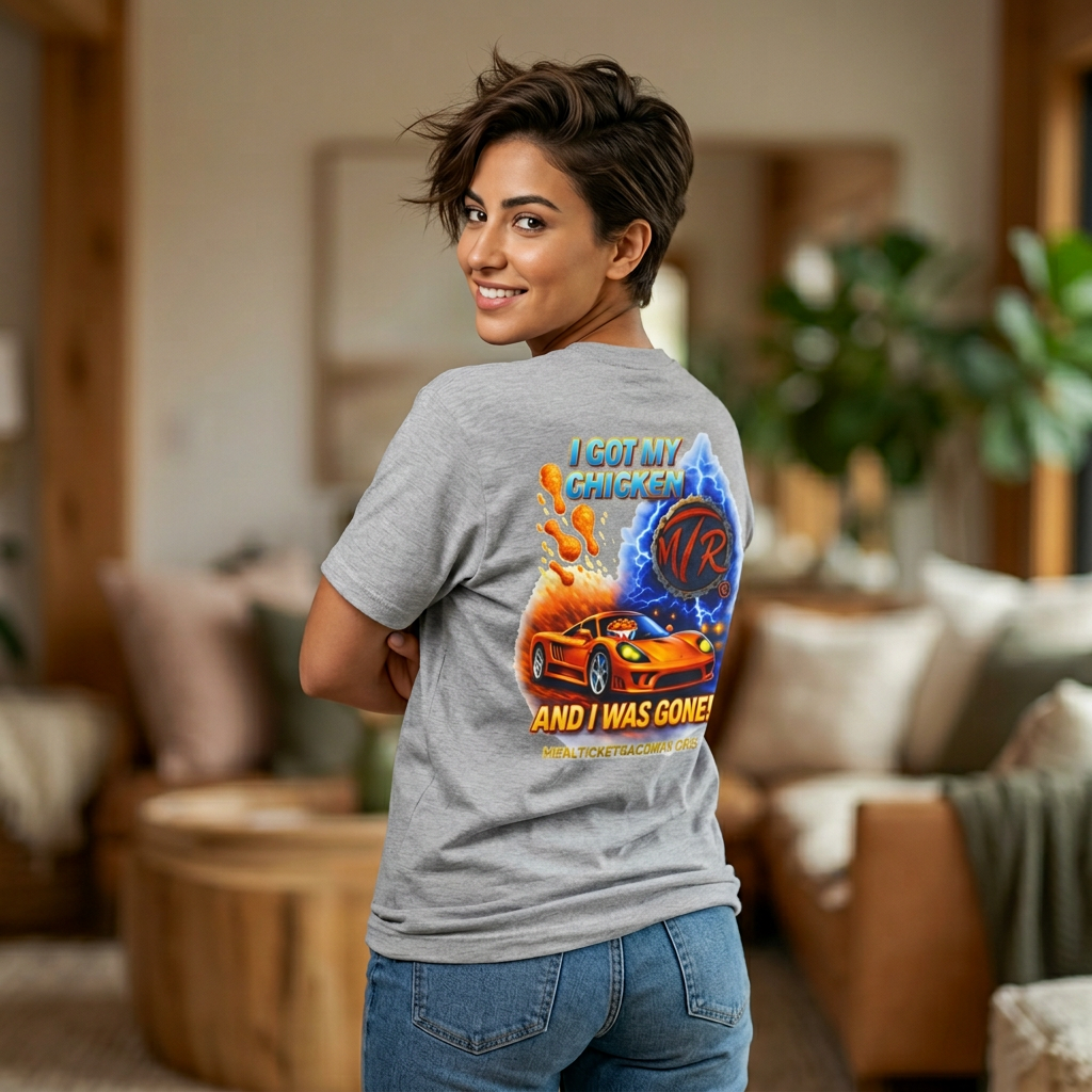 Racing Poster T-Shirt — "I Got My Chicken and I Was Gone!" Car Racing Graphic Tee