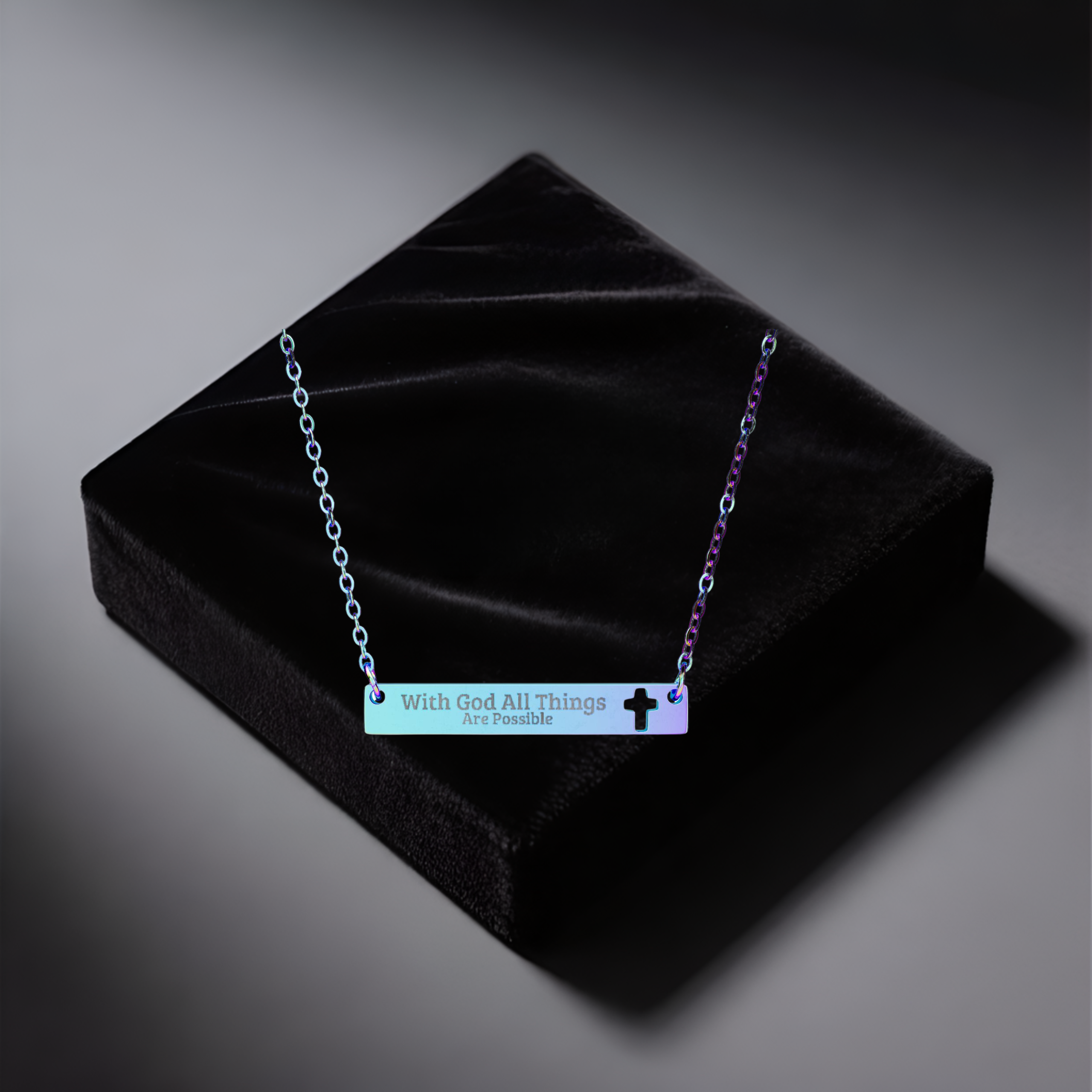 Cutout Cross Bar Necklace — "With God All Things Are Possible" Engraved Faith Jewelry product thumbnail image