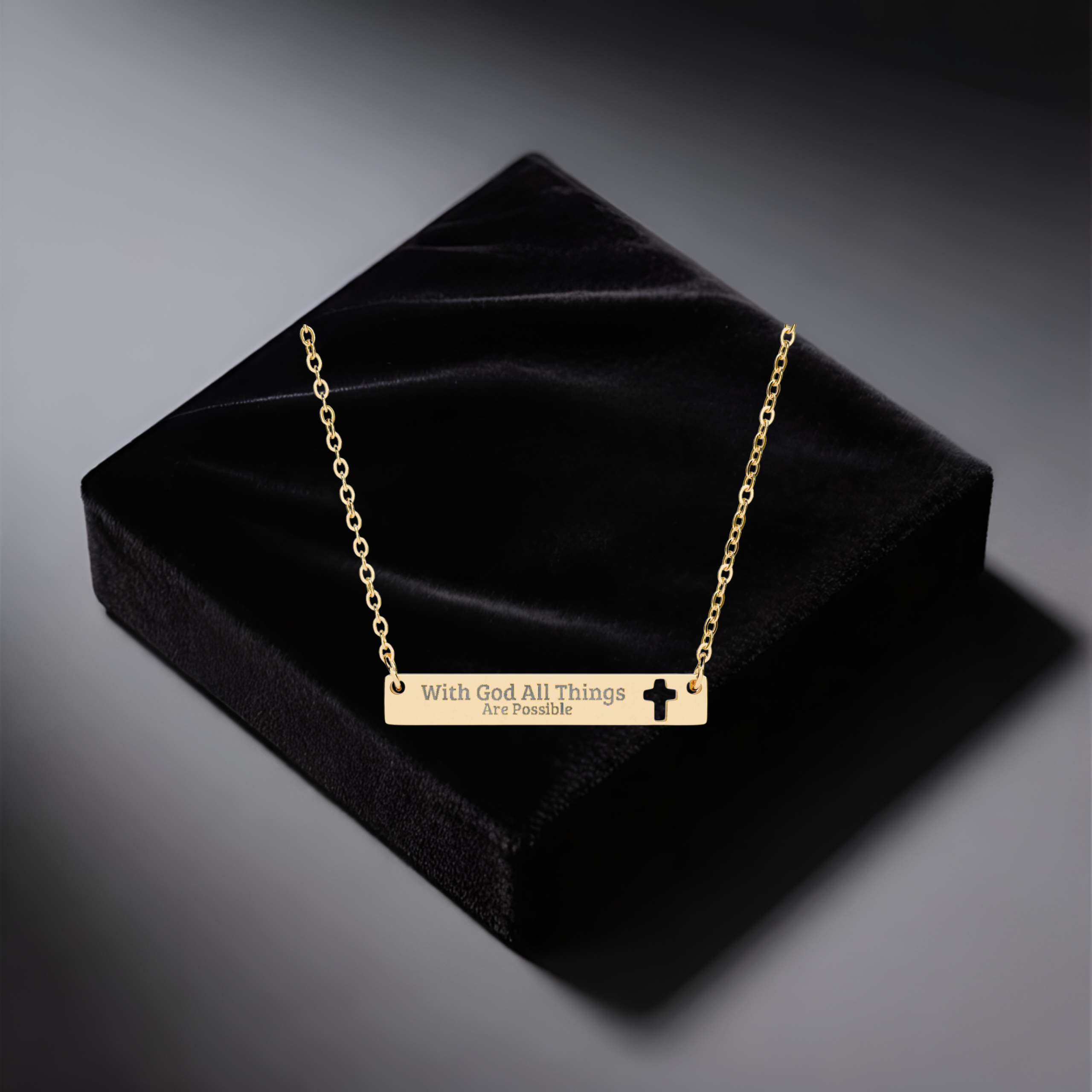Cutout Cross Bar Necklace — "With God All Things Are Possible" Engraved Faith Jewelry product thumbnail image Cutout Cross Bar Necklace — "With God All Things Are Possible" Engraved Faith Jewelry product thumbnail image