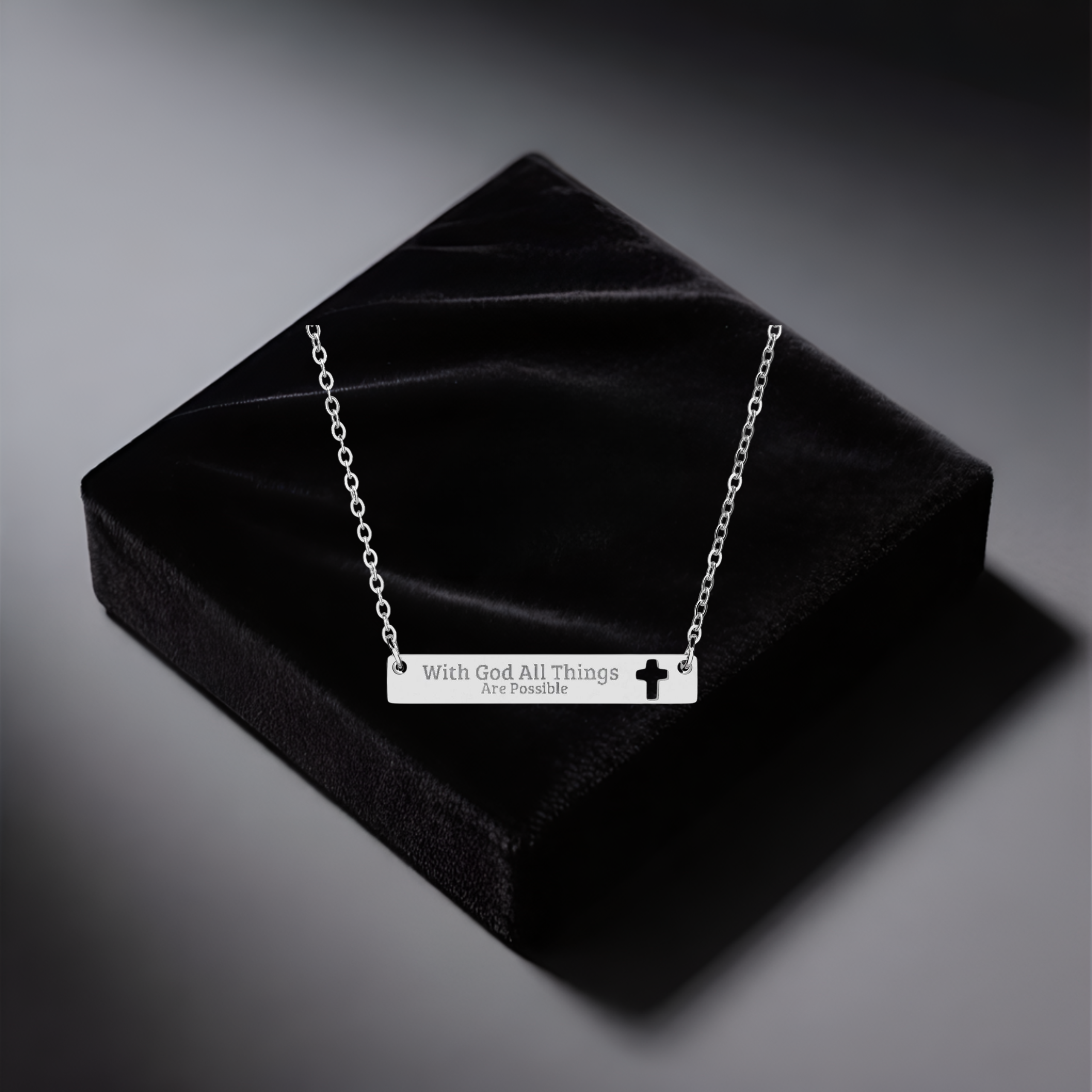 With God All Things Are Possible Engravable Cutout Cross Bar Necklace — Personalized Religious Pendant | Edit All Text 25 Characters Length product thumbnail image With God All Things Are Possible Engravable Cutout Cross Bar Necklace — Personalized Religious Pendant | Edit All Text 25 Characters Length product thumbnail image