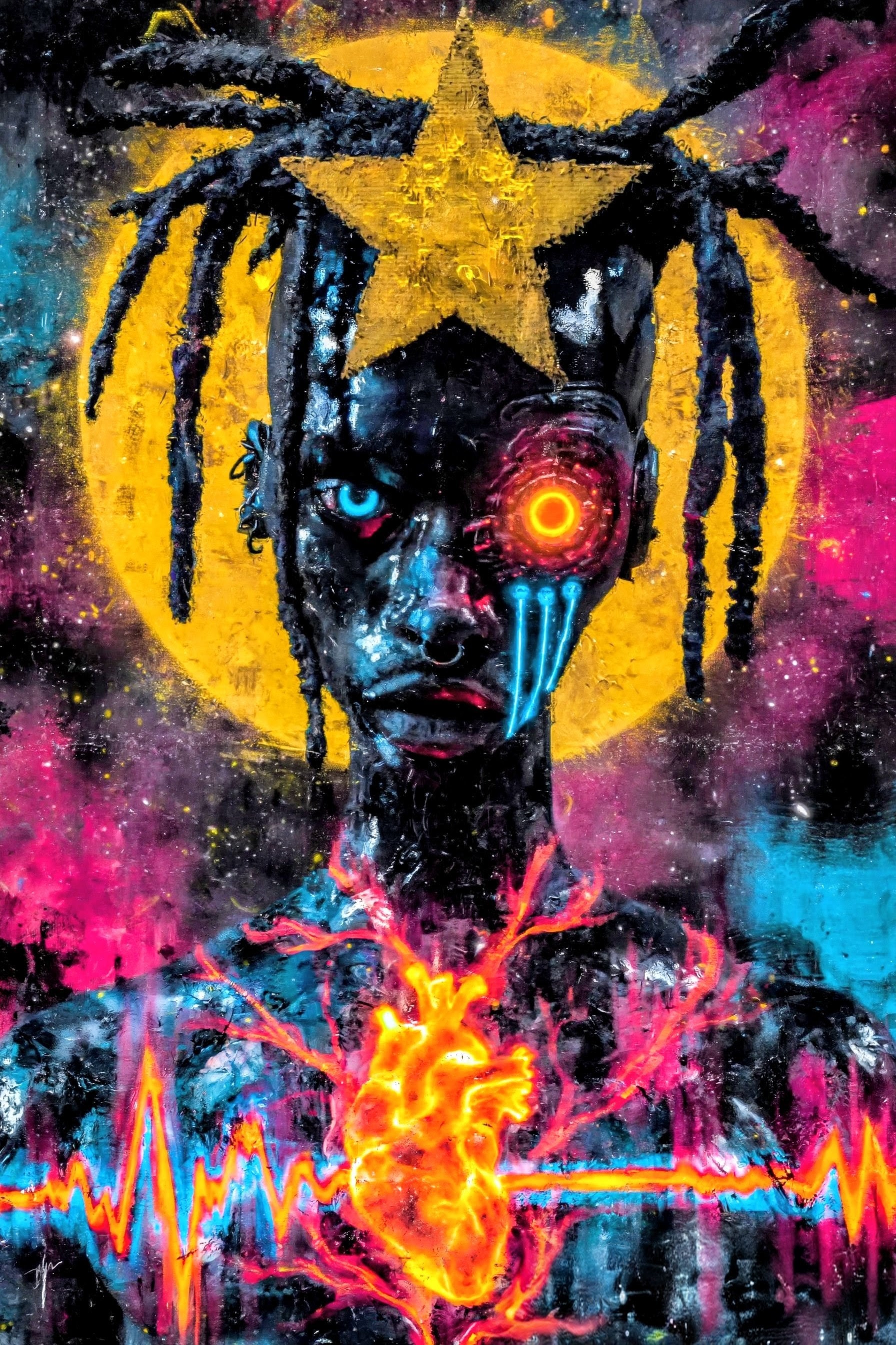 Graphic Tee — Neon Cosmic Skull with Star and Flame Art product thumbnail image Graphic Tee — Neon Cosmic Skull with Star and Flame Art product thumbnail image