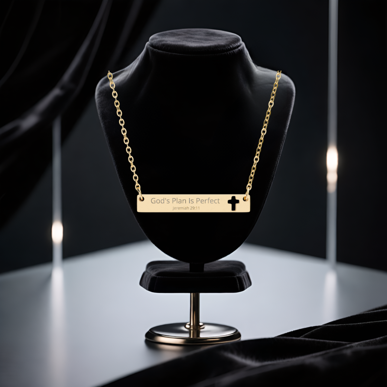 Engraved Cross Bar Necklace — "God's Plan Is Perfect" Faith Jewelry | Unique Gift for Him or Her | Mom and Did | Friends and Family  product thumbnail image