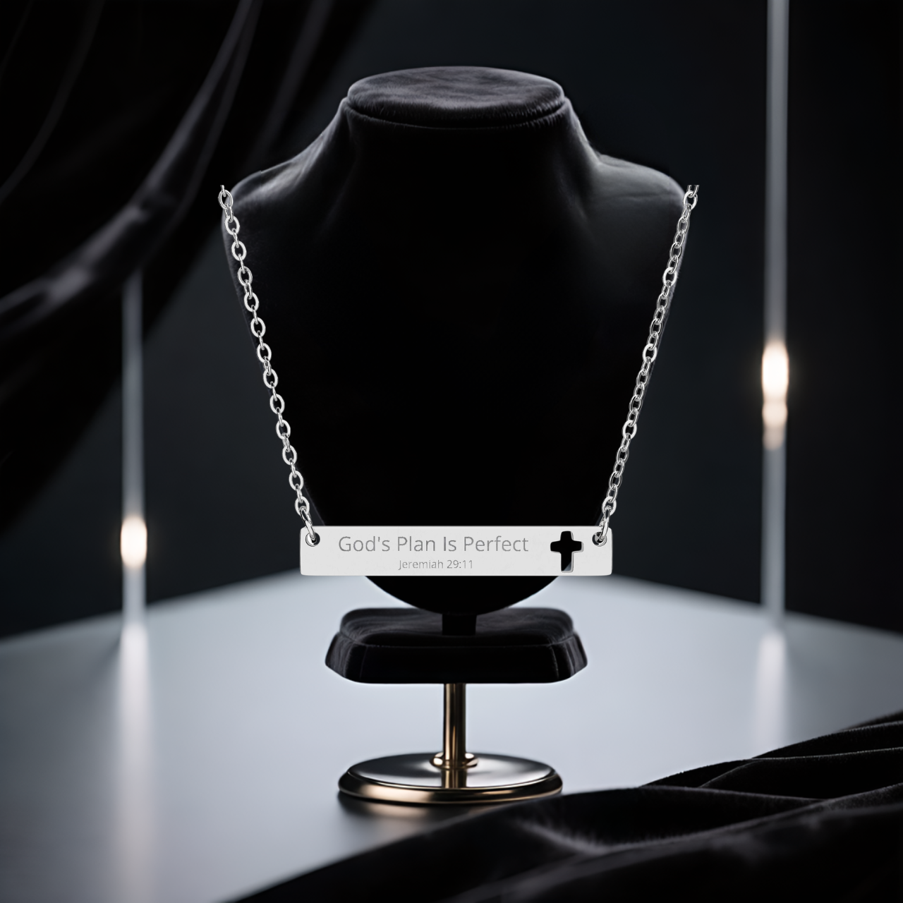 Engraved Cross Bar Necklace — "God's Plan Is Perfect" Faith Jewelry | Unique Gift for Him or Her | Mom and Did | Friends and Family  product thumbnail image