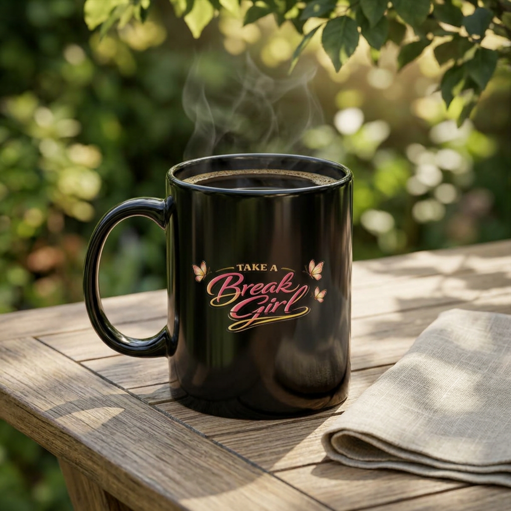 Take A Break Girl™ Black Glossy Mug | Retro Script Self-Care Coffee Cup | Microwave &amp; Dishwasher Safe