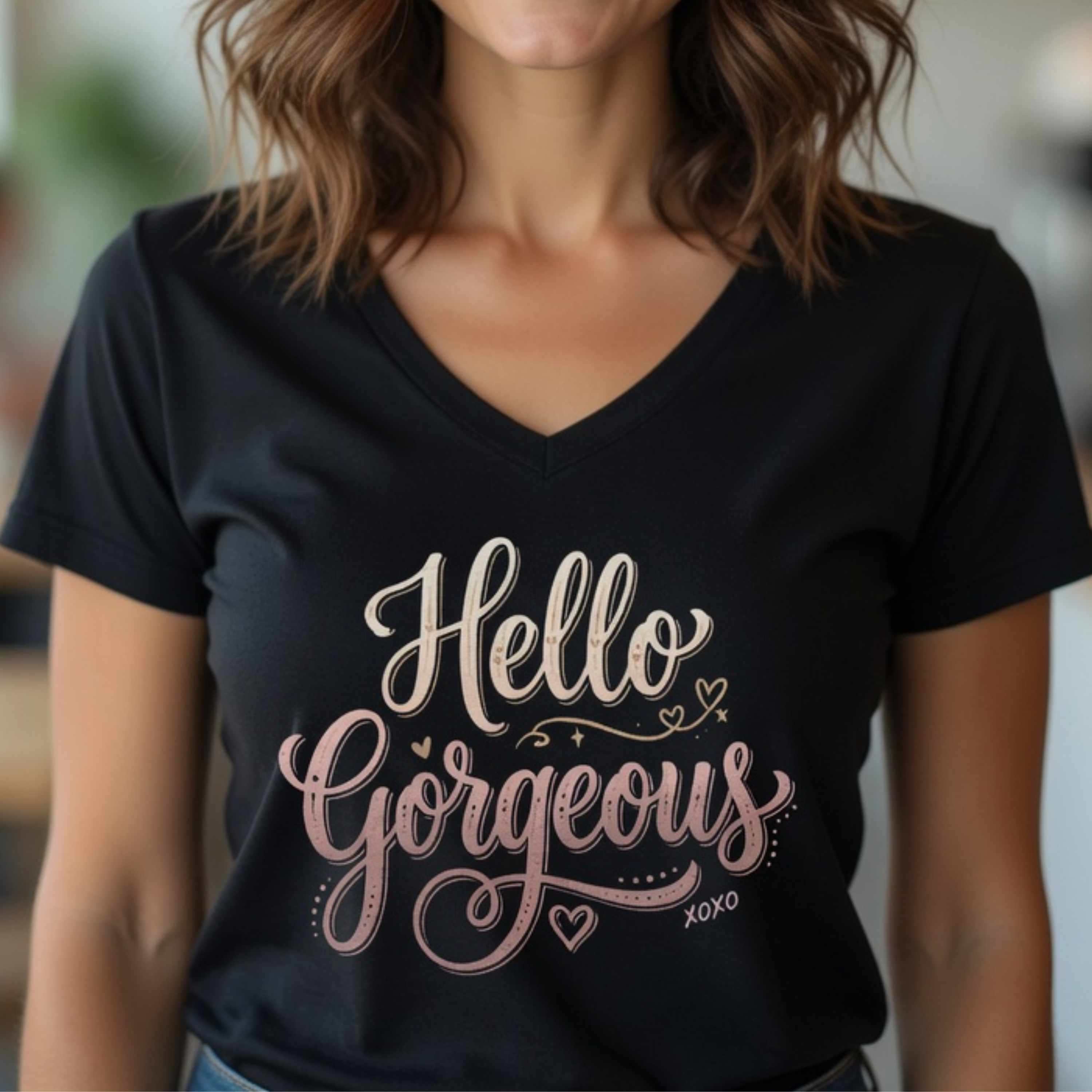Fun and Inspiring "Hello Gorgeous" Ladies V Neck Tee