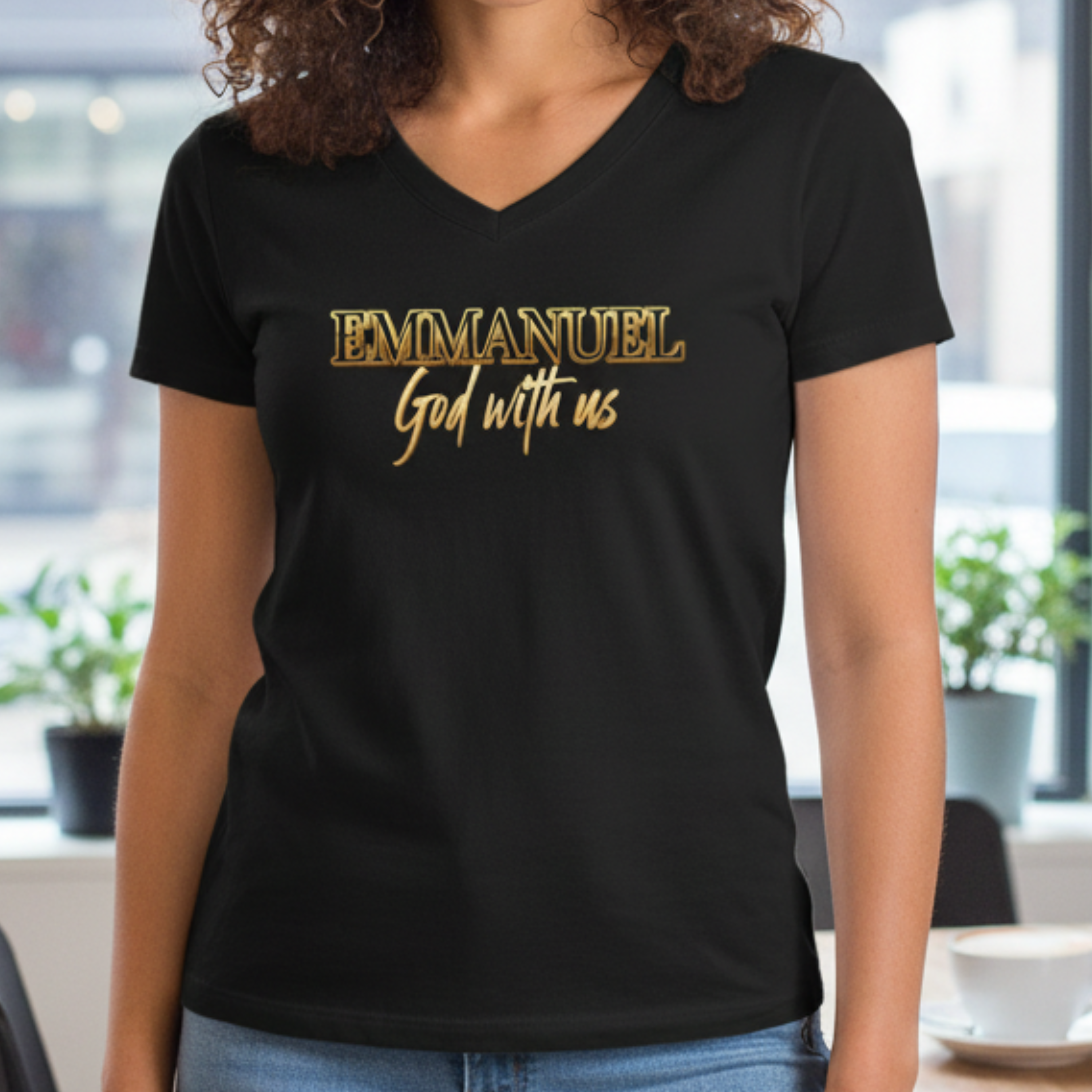 Emmanuel "God with us" Name of God Ladies' V-Neck Tee (gold design) product thumbnail image Emmanuel "God with us" Name of God Ladies' V-Neck Tee (gold design) product thumbnail image