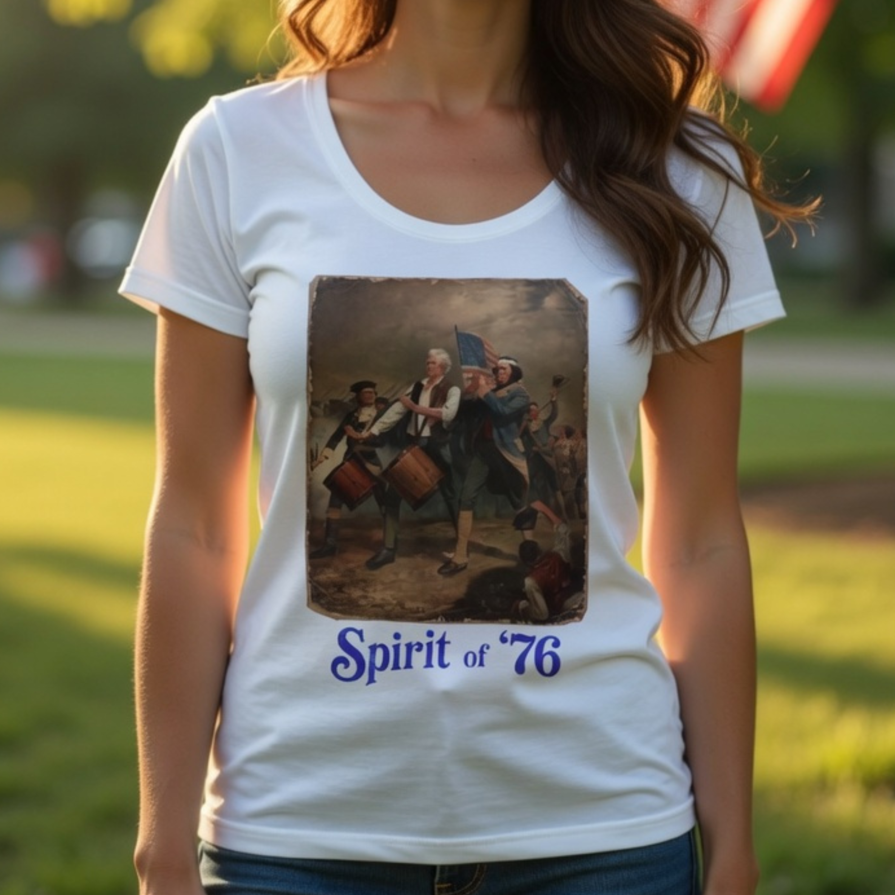 Spirit of '76 Women's Tee (blue) - Patriotic Fourth of July Shirt 'I'm a Yankee Doodle Dandy' - USA 250, 1776-2026 product thumbnail image Spirit of '76 Women's Tee (blue) - Patriotic Fourth of July Shirt 'I'm a Yankee Doodle Dandy' - USA 250, 1776-2026 product thumbnail image