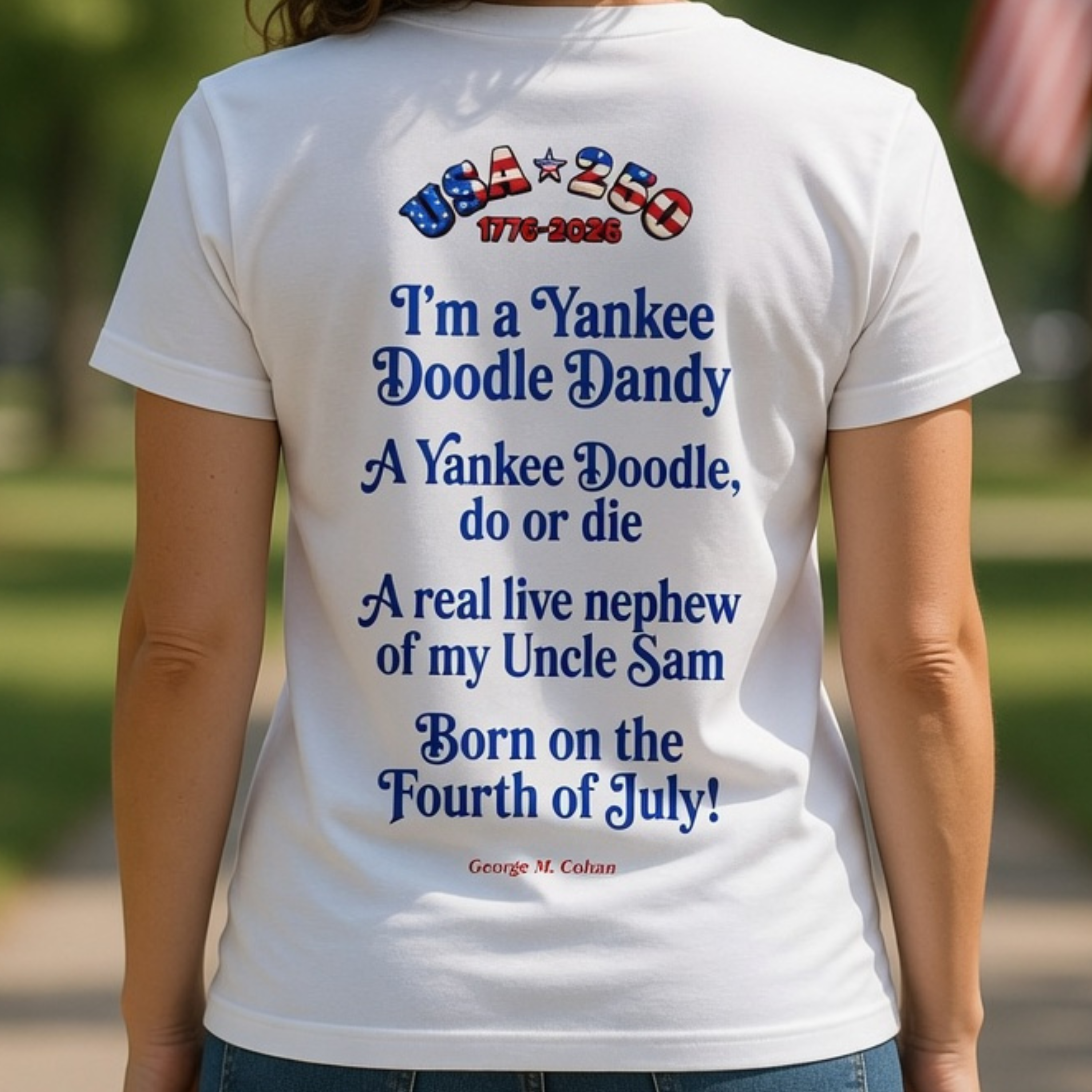 Spirit of '76 Women's Tee (blue) - Patriotic Fourth of July Shirt 'I'm a Yankee Doodle Dandy' - USA 250, 1776-2026 product thumbnail image Spirit of '76 Women's Tee (blue) - Patriotic Fourth of July Shirt 'I'm a Yankee Doodle Dandy' - USA 250, 1776-2026 product thumbnail image