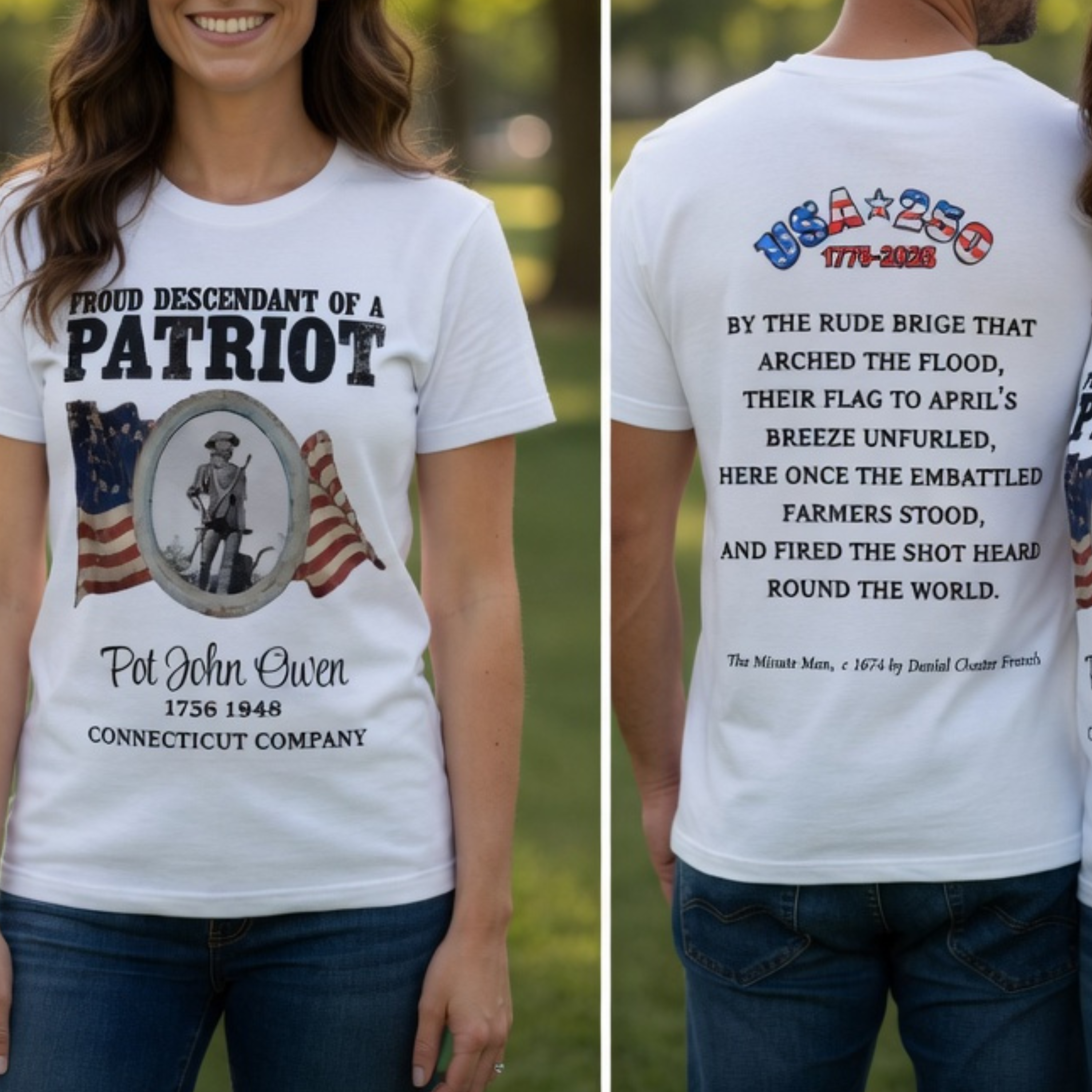 Patriot Ancestry Unisex T-Shirt - "Proud Descendant of a Patriot" with Revolutionary Flag &amp; "The Minute Man" tribute "... FIRED THE SHOT HEARD ROUND THE WORLD."