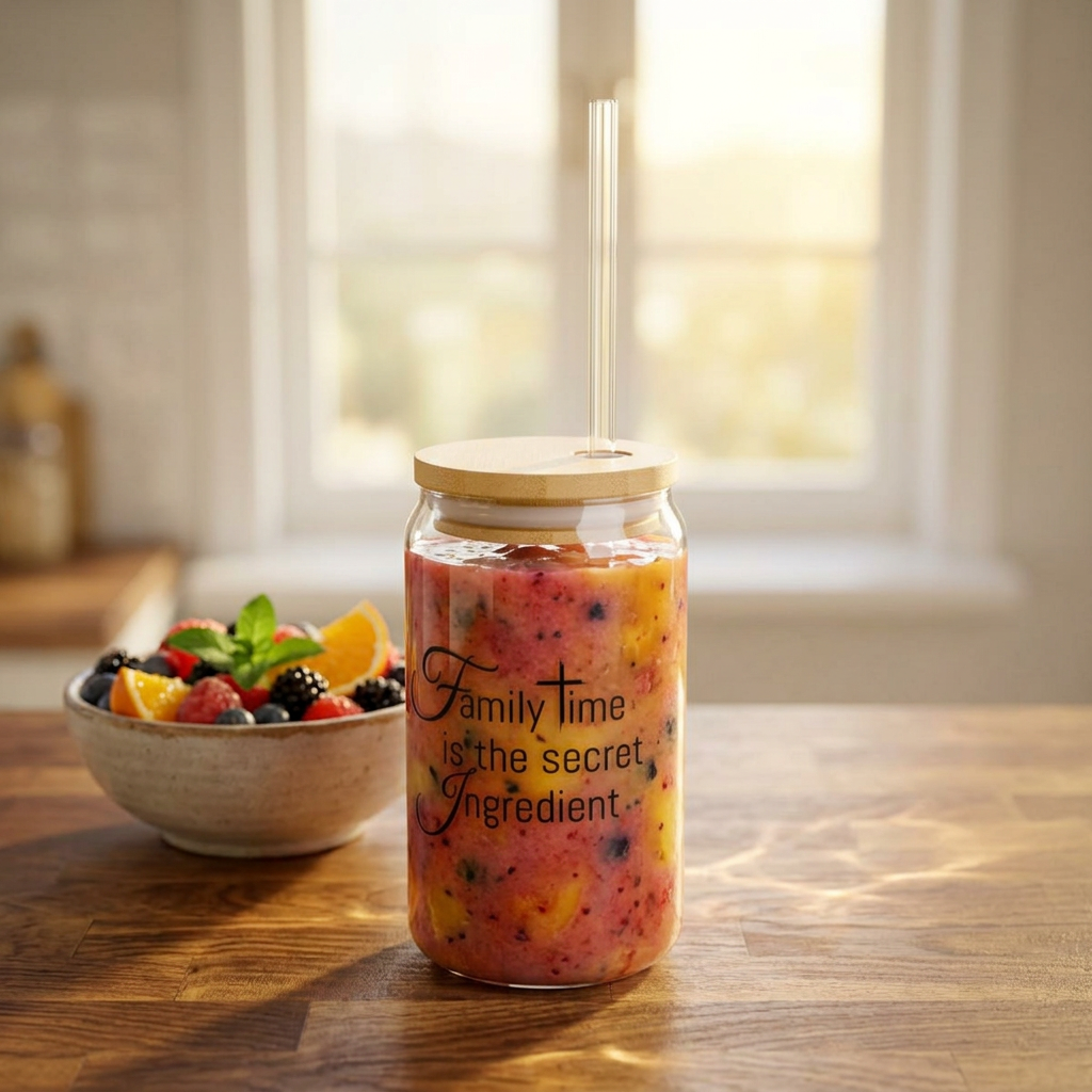 "Family Time is the Secret Ingredient" Glass Tumbler w/ Bamboo Lid