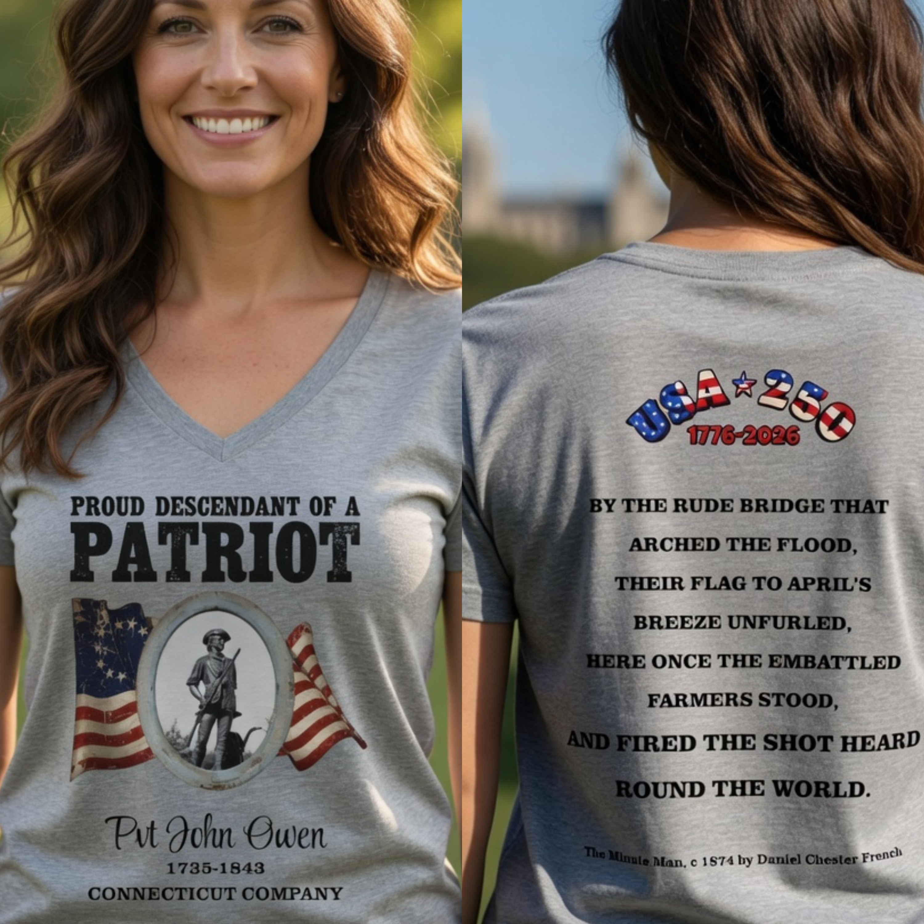 Descendant of a Patriot V-Neck T-Shirt | Vintage Minute Man Statue, Betsy Ross Flag, Personalize product thumbnail image