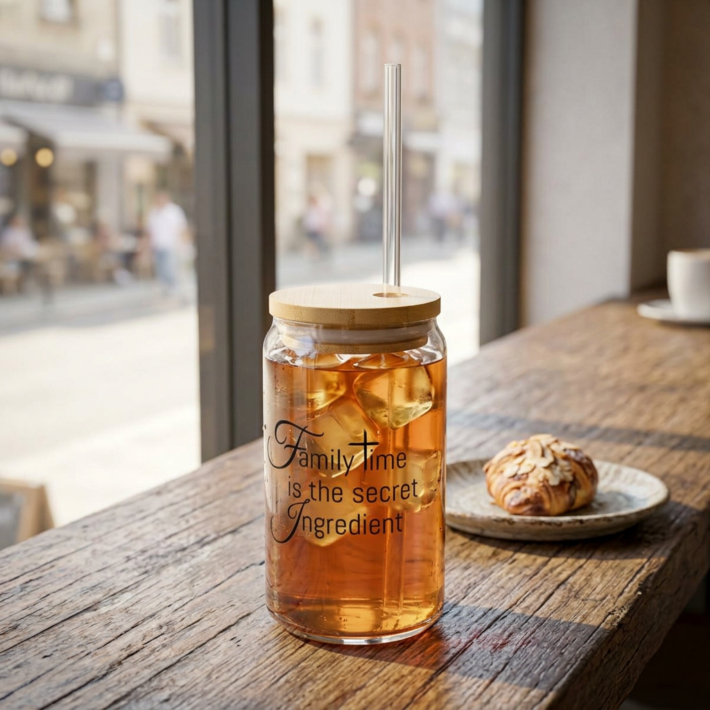 "Family Time is the Secret Ingredient" Glass Tumbler w/ Bamboo Lid product thumbnail image