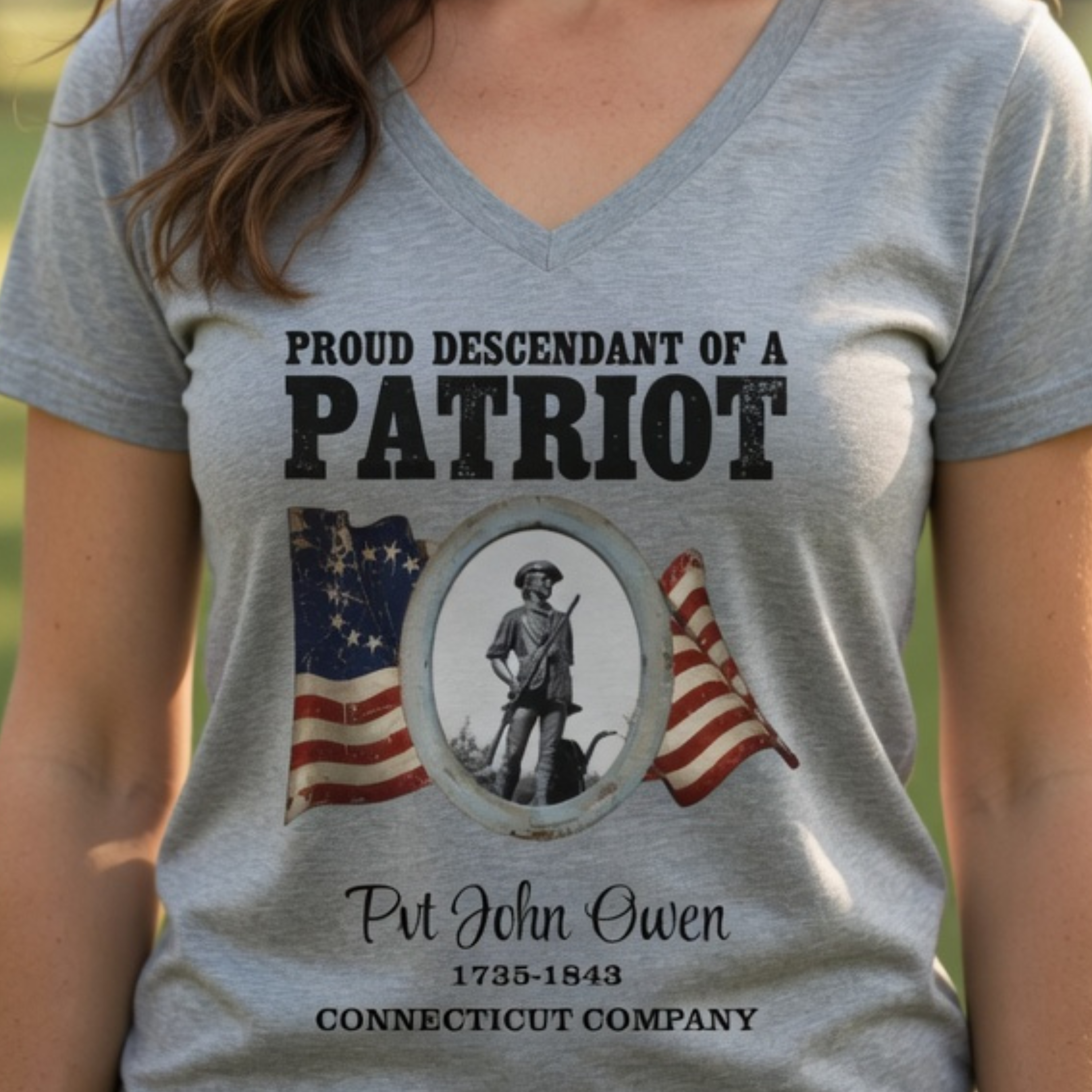 Descendant of a Patriot V-Neck T-Shirt | Vintage Minute Man Statue, Betsy Ross Flag, Personalize product thumbnail image
