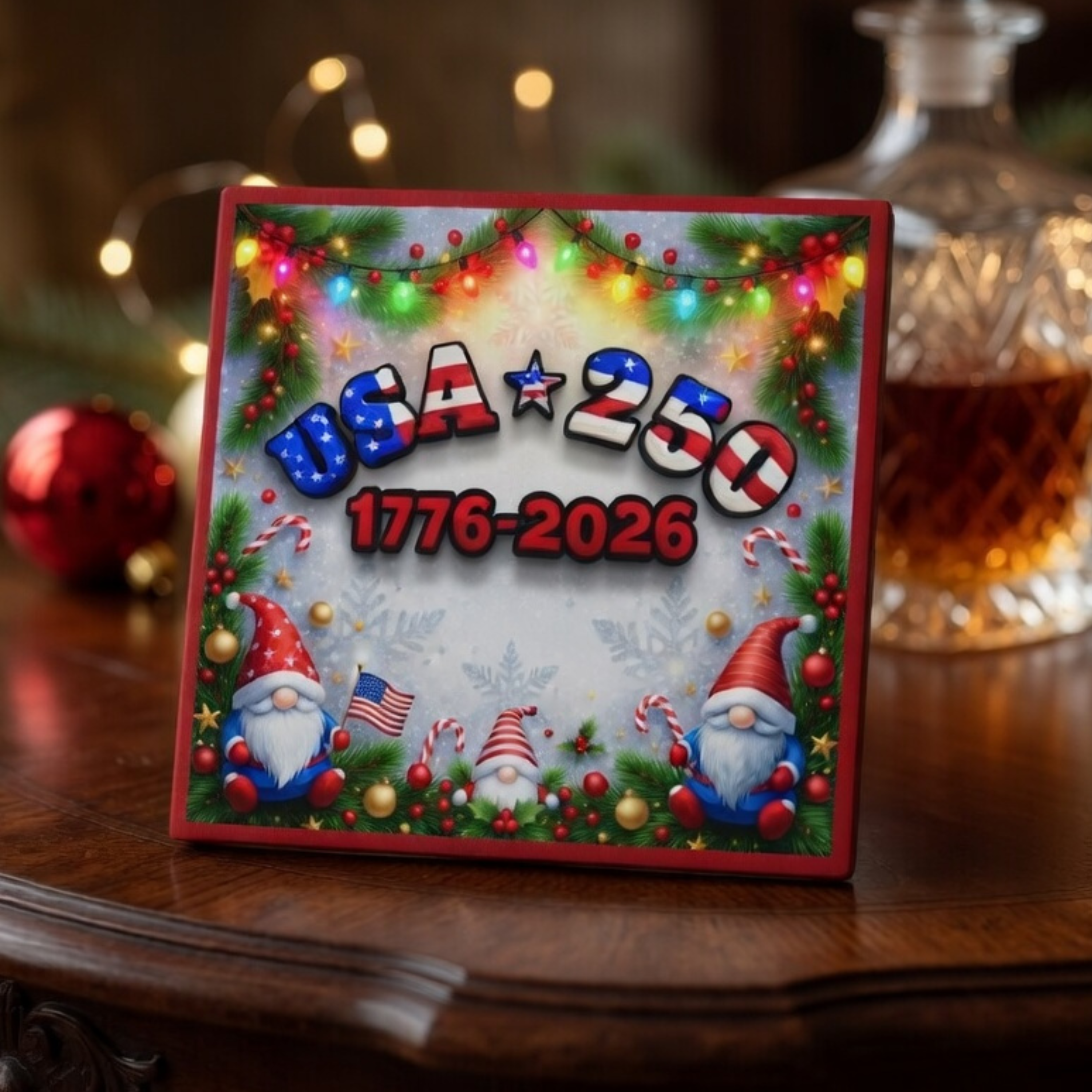 USA 250 Patriotic Gnome Ceramic Coaster — Christmas Holiday Décor
