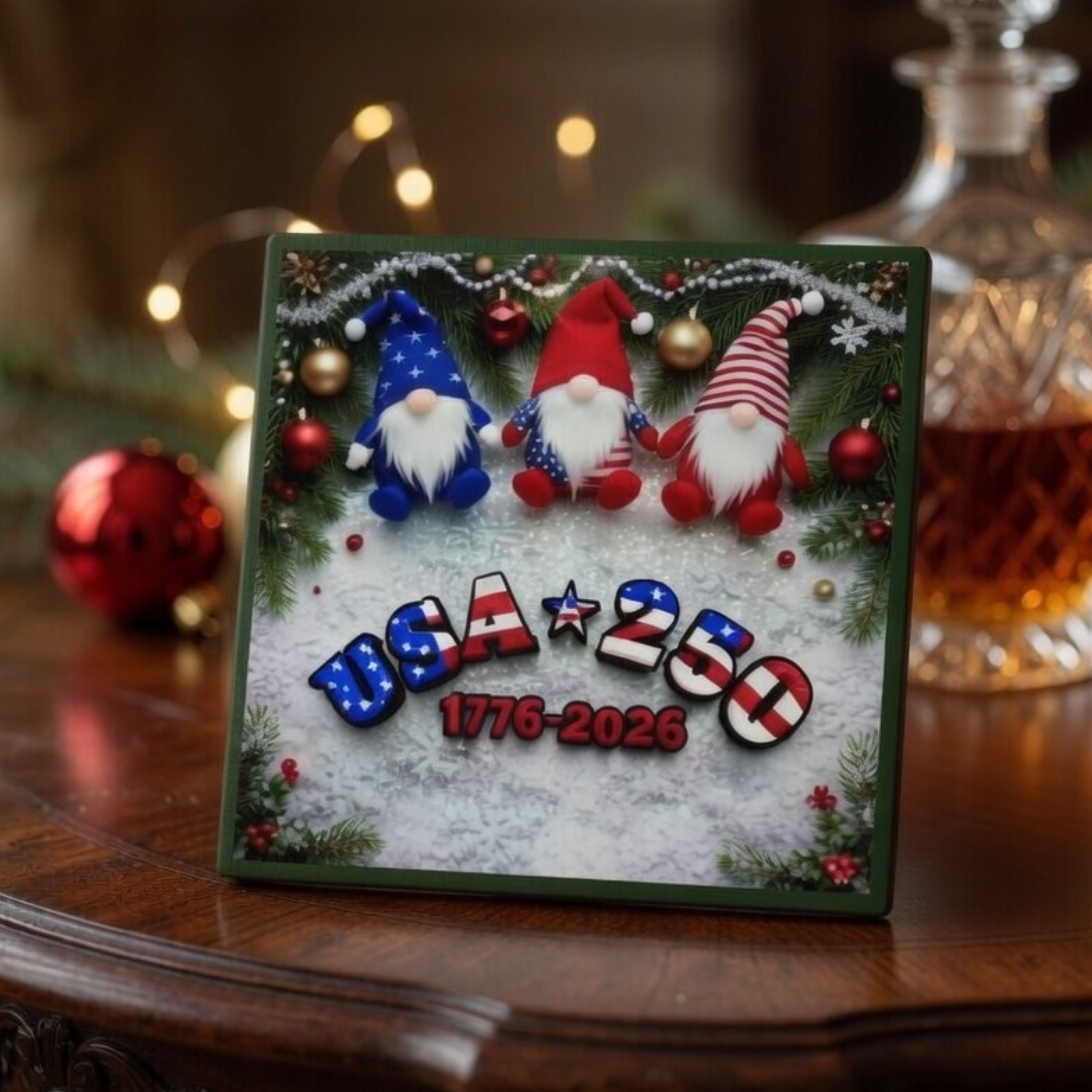 Patriotic Gnome Ceramic Christmas Coaster — USA 250 (1776-2026) Celebration product thumbnail image