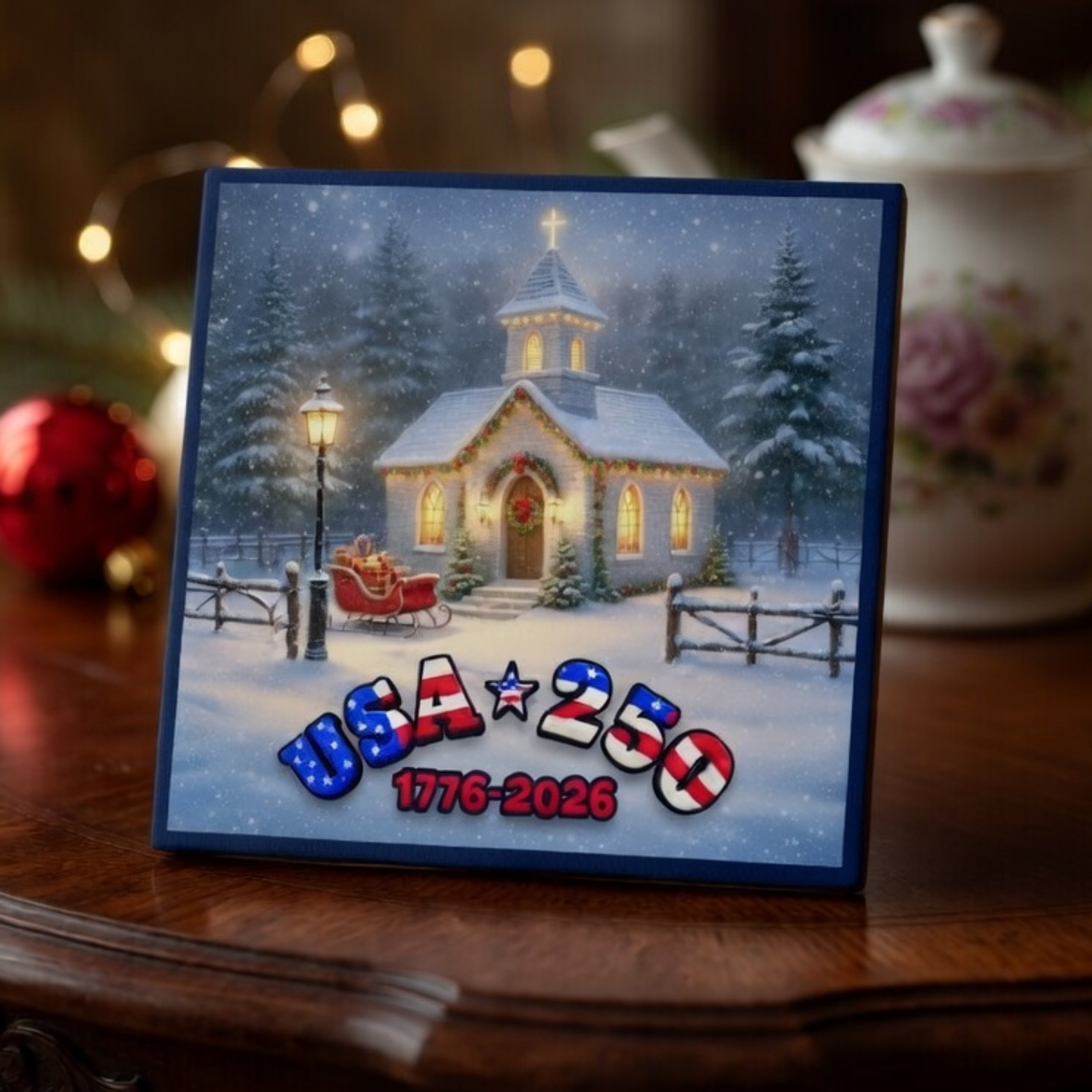 USA 250 Church in Snow Christmas Scene Ceramic Coaster | Pastoral Holiday Coaster product thumbnail image USA 250 Church in Snow Christmas Scene Ceramic Coaster | Pastoral Holiday Coaster product thumbnail image