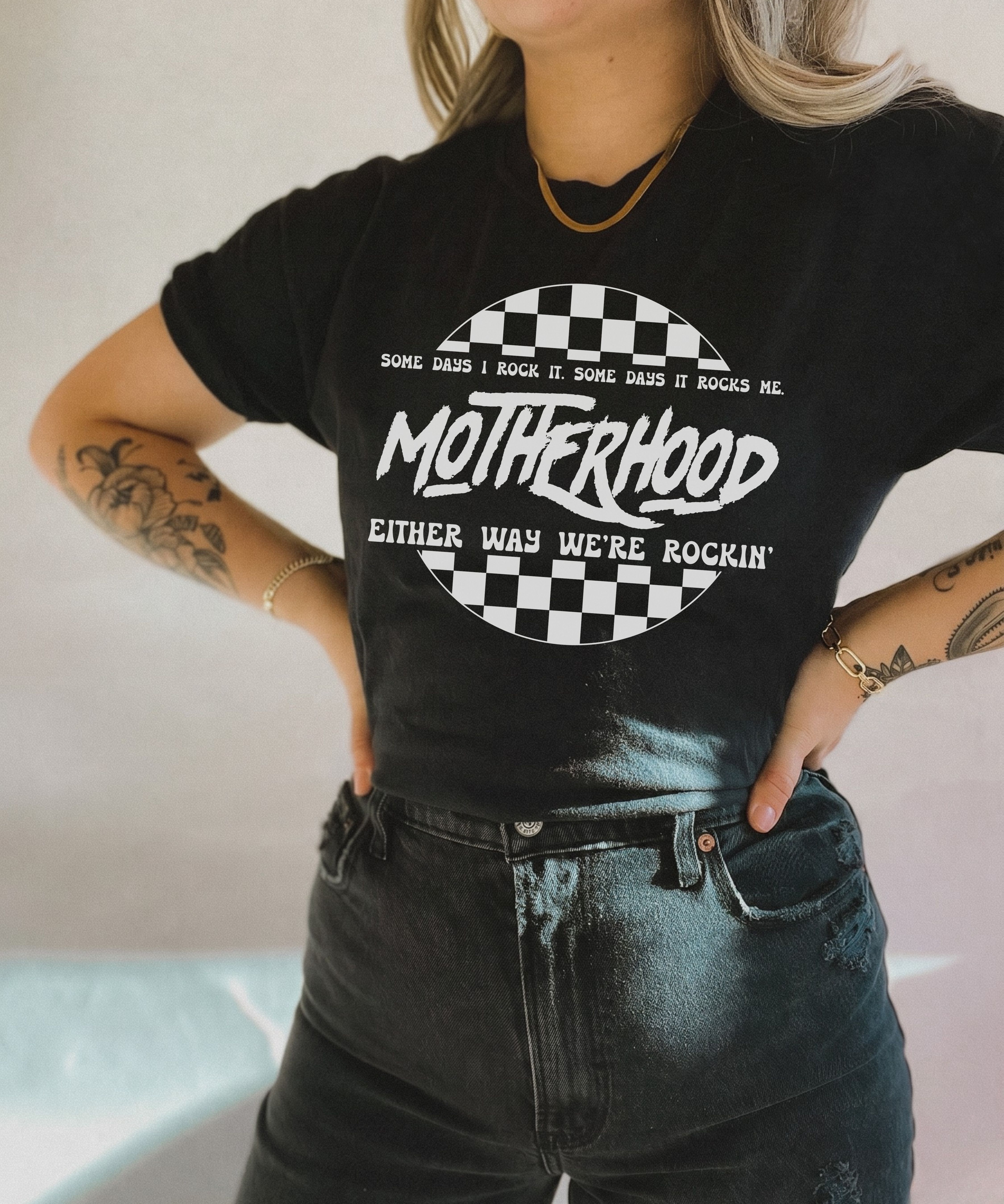 Motherhood Graphic T-Shirt Unisex “Either Way We’re Rockin’” Vintage Checker Comfort Colors Tee 