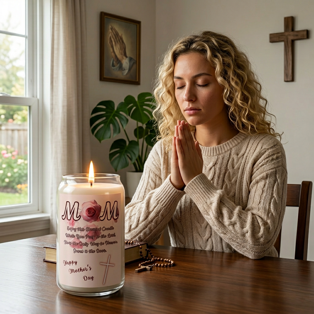 A Candle for Praying Mothers that Reads "Mom Enjoy this Scented Candle While You Pray to the Lord, He is the Only Way to Heaven, Jesus is the Door", in a 13.75 oz glass jar made of soy, in 3 scents...