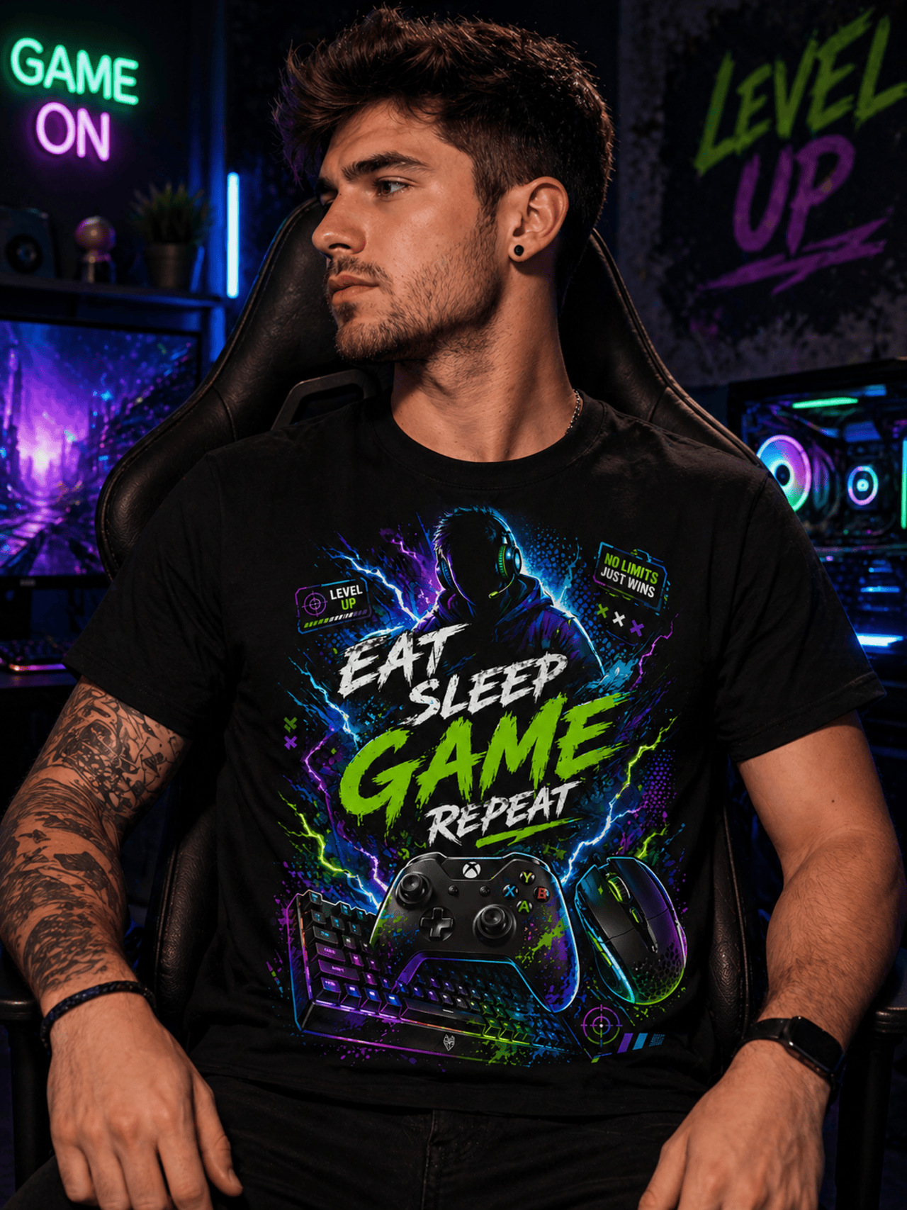 Gaming T-Shirt — "Eat Sleep Game Repeat" Neon Retro Gamer Tee