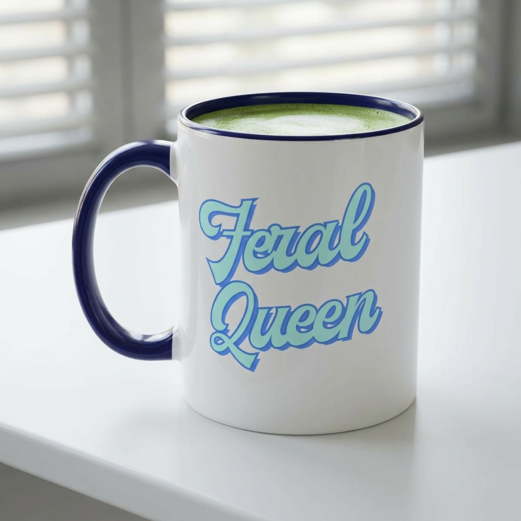 Cat Mom Coffee Mug in Retro Blue – "Feral Queen" Funny Cat Lover Ceramic Mug (11oz) product thumbnail image