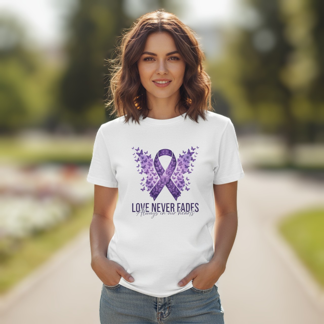 Purple Ribbon Dementia/Alzheimer's Awareness 'Love Never Fades' Awareness Tee product thumbnail image Purple Ribbon Dementia/Alzheimer's Awareness 'Love Never Fades' Awareness Tee product thumbnail image