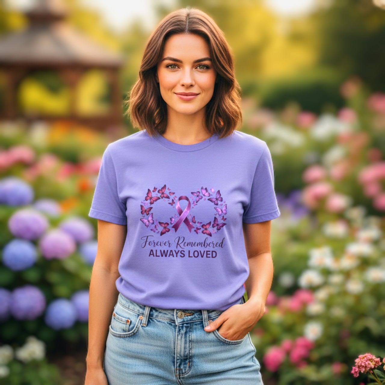 Remembrance Tee Dementia /Alzheimer's Awareness- Purple Ribbon &amp; Butterflies "Forever Remembered, Always Loved" Memorial T-Shirt