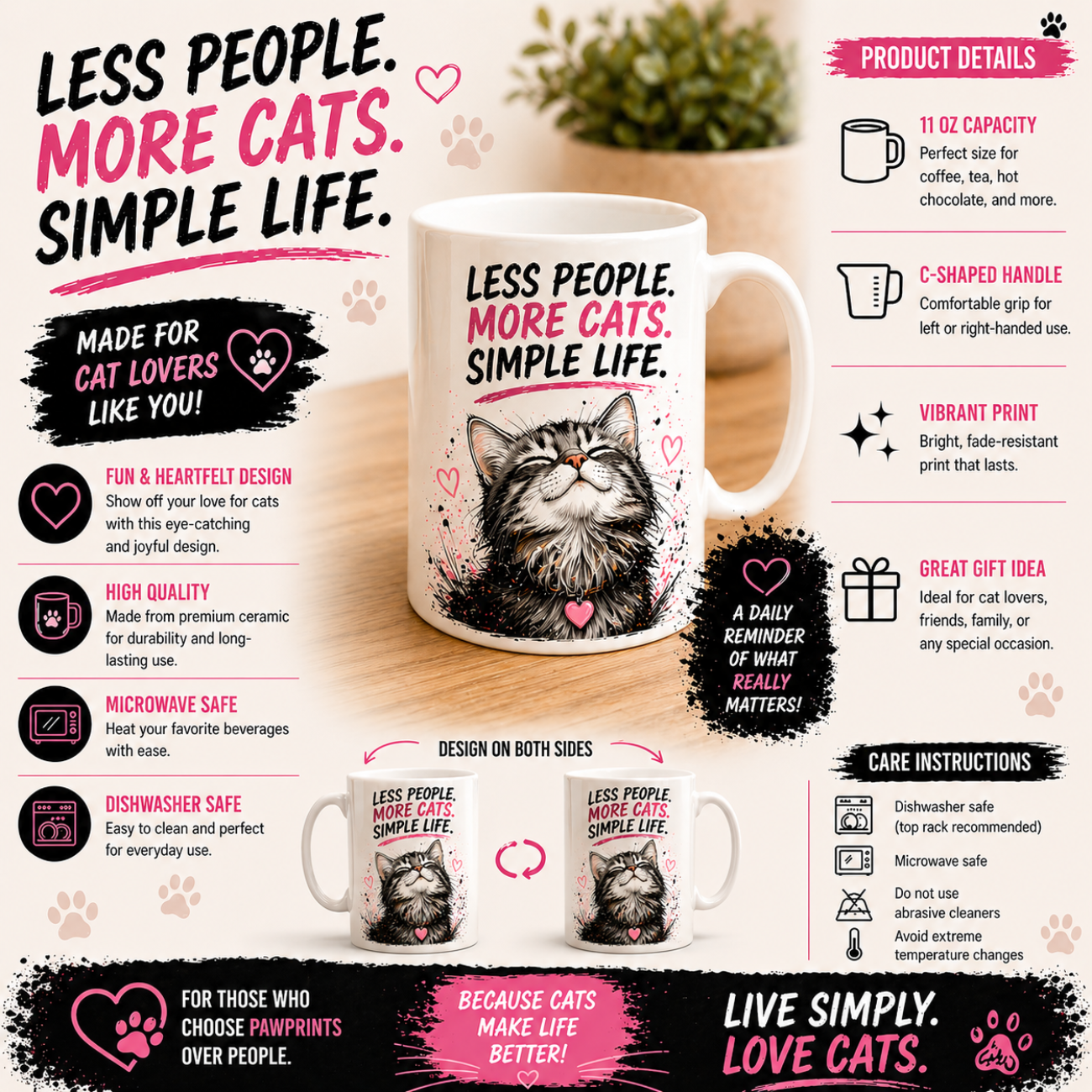 Cat Lover Mug – "Less People. More Cats. Simple Life." 11oz