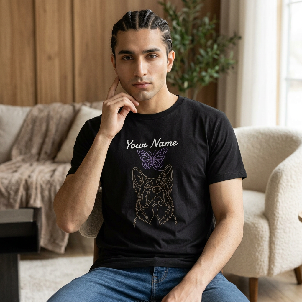 Minimalist German Shepherd &amp; Butterfly Line Art Aesthetic GSD Design, Unisex Cotton Tee Express Delivery