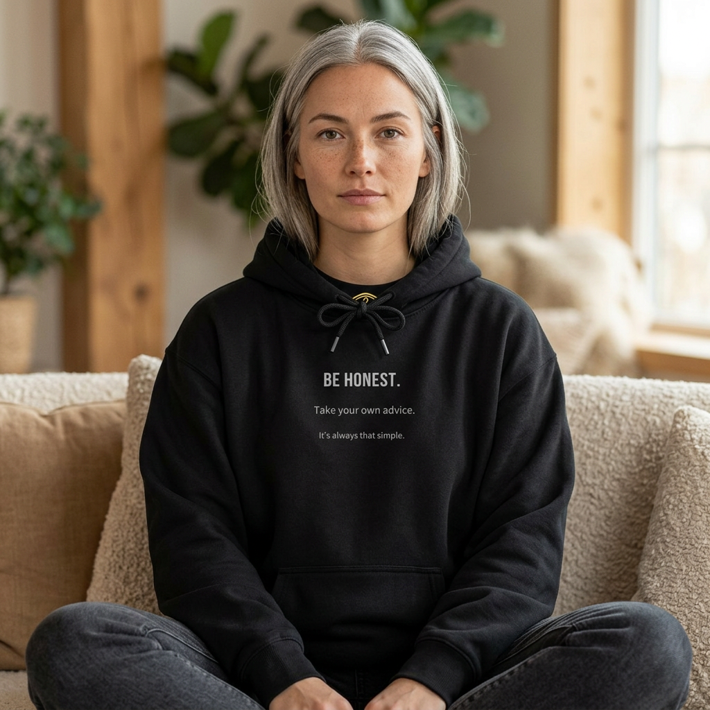 BE HONEST. Hoodie — black hoodie, front: BE HONEST. / back: Take your own advice. It's always that simple.
