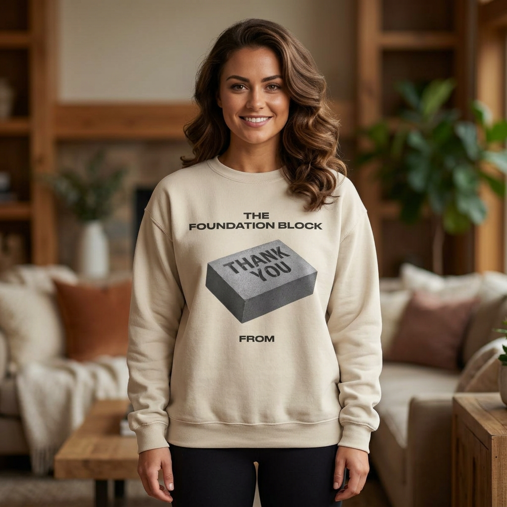 Crewneck Sweatshirt — "The Foundation Block" Thank You Brick Graphic